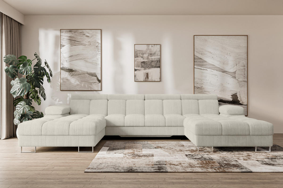 WOHNLANDSCHAFT mit Schlaffunktion und Bettkasten COMA U2 345x203x79 Creme Cord - Mokka, Holzwerkstoff/Textil (345/79/203cm) - ALTDECOR