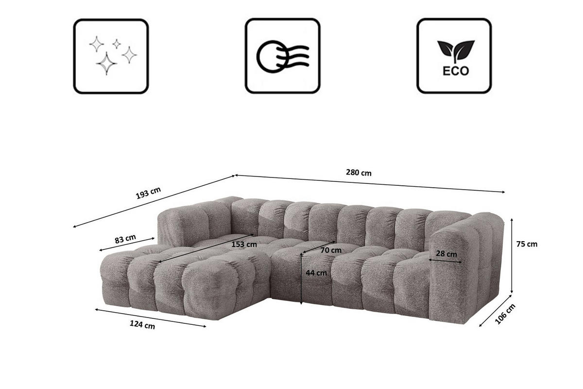 ECKSOFA L-form BALOO L, Chenille-Stoff Arena, Grau, Links - Grau, Holz (280/193cm) - Kaiser Möbel