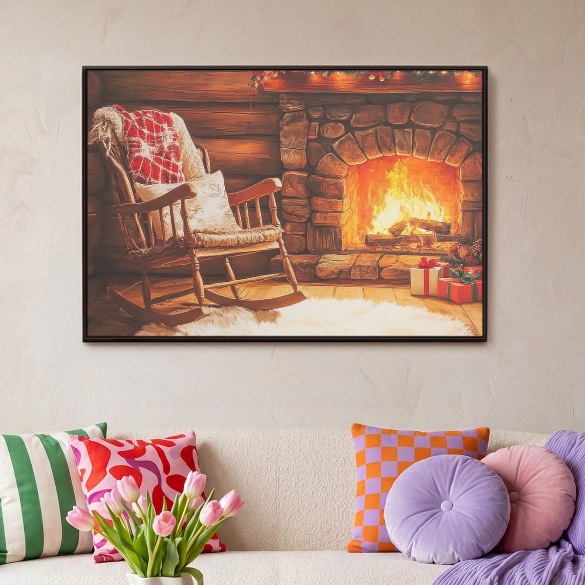 LEINWAND Bilder mit Rahmen - Winter - Weihnachten - Zuhause - Kamin - 90x60 - Bernsteinfarben, Textil (90/60cm) - MuchoWow