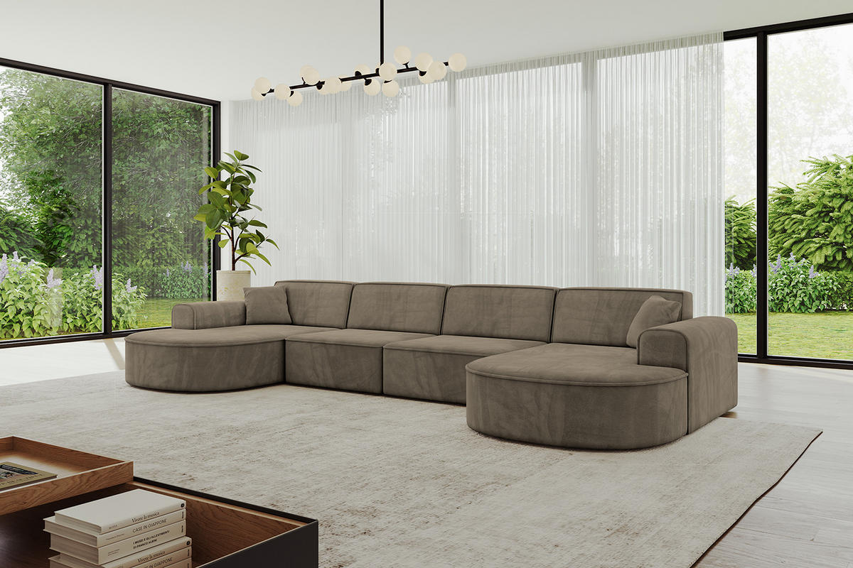 WOHNLANDSCHAFT MARI-U2 - 388x171x79 cm Dunkelbraun Velours - Dunkelbraun/Schwarz, Holzwerkstoff/Kunststoff (388/79/171cm) - ALTDECOR