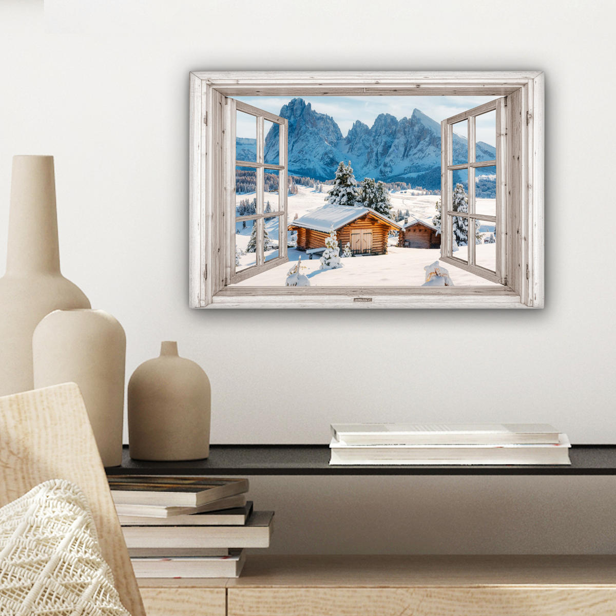 LEINWANDBILD Winterlandschaft - Hütte - Berge - Ausblicke - Aussicht - Natur Deko Schlafzimmer 30x20 cm - Weiß Hochglanz, Textil (30/20cm) - MuchoWow