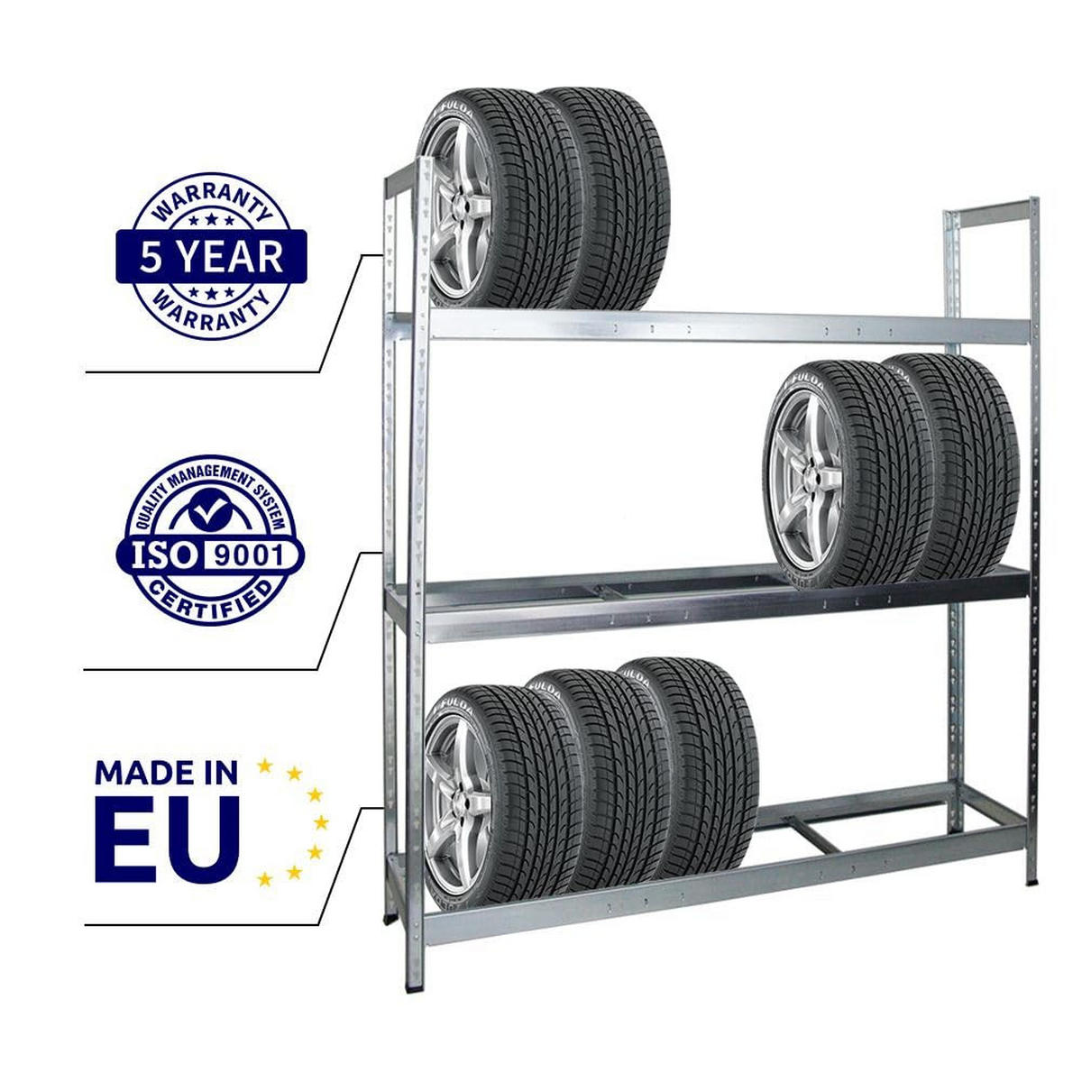 REIFENREGAL Tiger XL 2er-Set mit 2x 200x180x45 cm 300 kg Fachlast bis zu 42 Reifen Verzinkt - Silberfarben, Metall (360/200/45cm) - PROREGAL