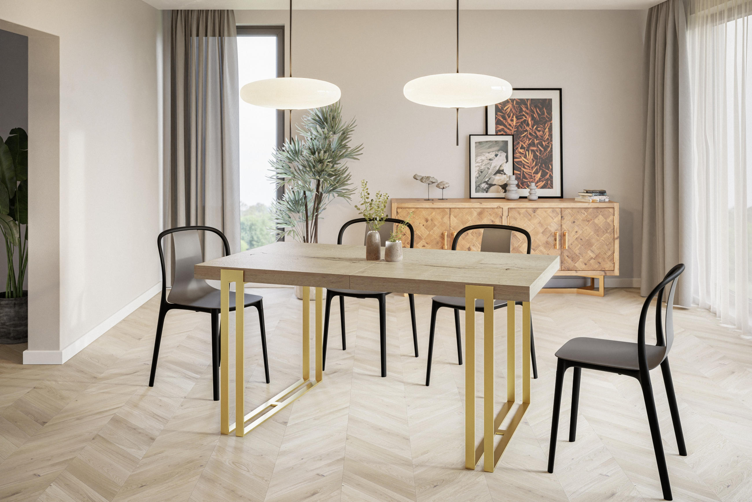 ESSZIMMERTISCH ROSA, ausziehbarer Tisch 120-220X80X77 cm, Farbe: HALIFAX, mit Metallbeinen in Farbe Gold - Goldfarben/Naturfarben, Holzwerkstoff (120/80/77cm) - Alpi-Möbel