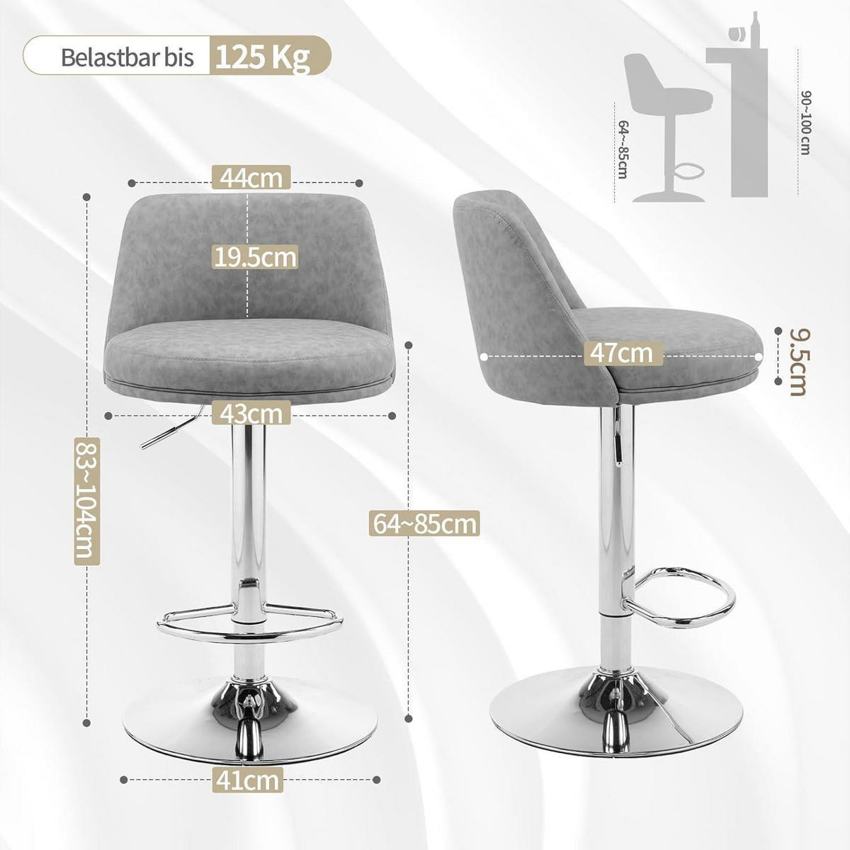 BARHOCKER 2er Set höhenverstellbar Kunstleder Dunkelgrau - Grau, Kunststoff (48/85/45cm)