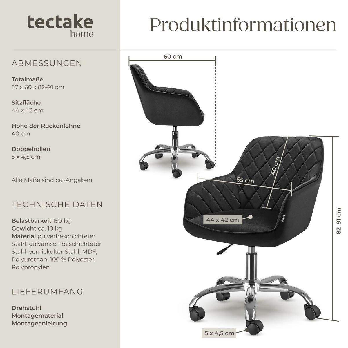 DREHSTUHL Nancy, 57 x 60 x 82 – 91 cm, Belastbarkeit 150 kg, schwarz - Schwarz, Kunststoff (57/91/60cm) - tectake