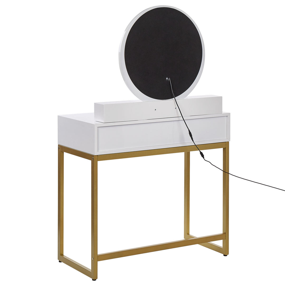 SCHMINKTISCH mit rundem LED-Spiegel Hocker 4 Schubladen weiß/gold Auxon - Beige/Goldfarben, Holzwerkstoff (80/132/40cm) - Beliani
