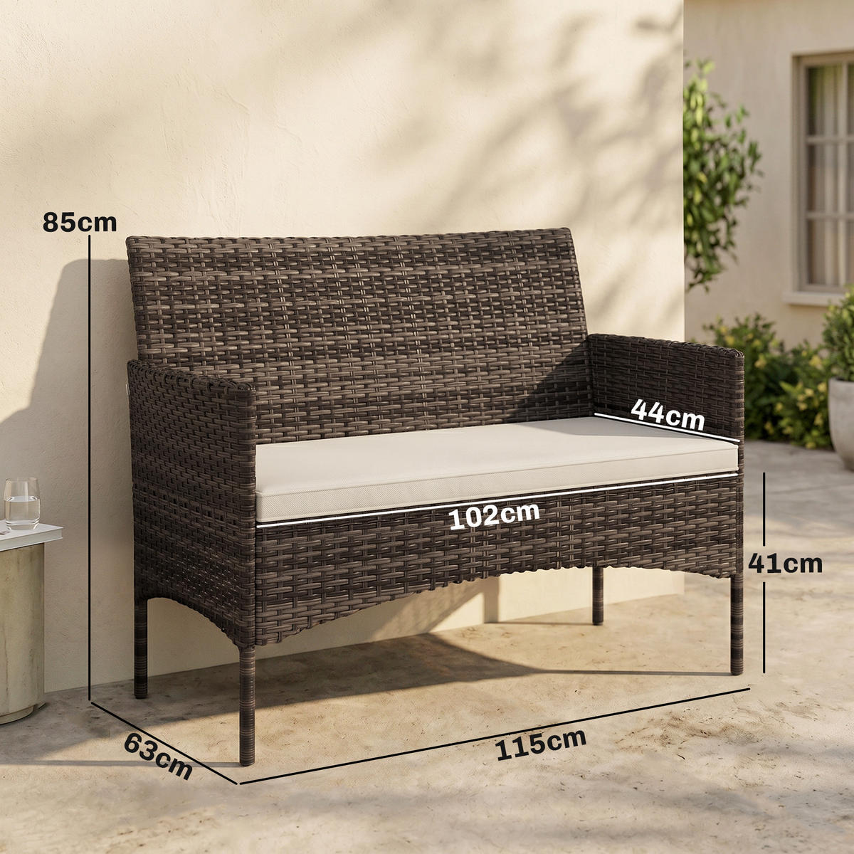 GARTENSOFA DE-06605 2-Sitzer, wetterfest mit Polster & Anti-Rutsch Khaki - Taupe, Kunststoff/Metall (63/85/115cm) - ComfortXL