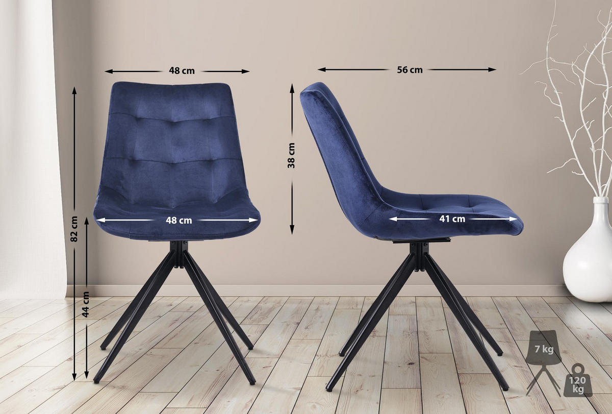 DREHSTUHL Samt dunkelblau - Schwarz/Dunkelblau, Textil/Metall (48/82/56cm) - CLP
