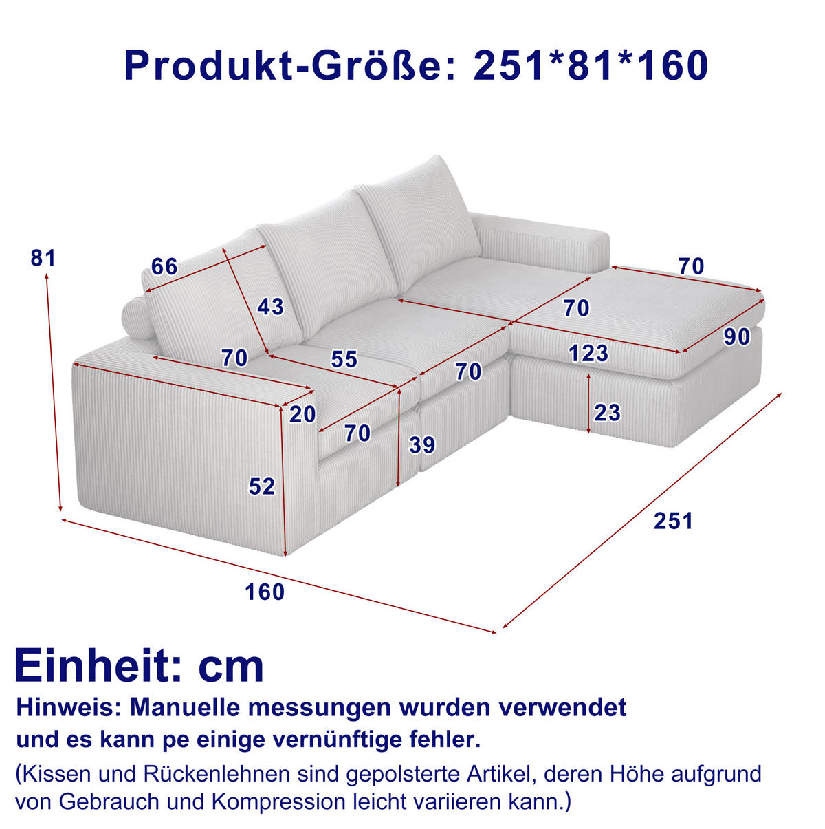 ECKSOFA 251/160/81 cm hellgrau aus Cord mit Chaiselongue, 4 Modulen und 3 Kissen - Hellgrau, Textil (160/251cm) - OKWISH