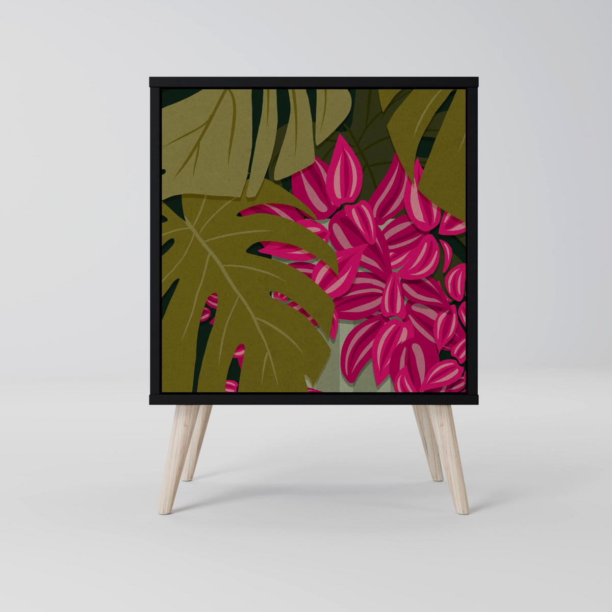SIDEBOARD TROPICAL BEAUTY, Schwarz, 57,5x42x72,5 cm, Schwarze Metallfüße - Multicolor/Schwarz, Holzwerkstoff/Metall (57.5/72.5/42cm) - SpaceRebels