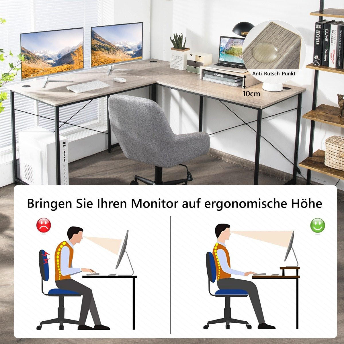 SCHREIBTISCH Hellgrau Holzwerkstoff 150/150/74 cm - Hellgrau, Holzwerkstoff (150/150/74cm) - Gemütlich Home