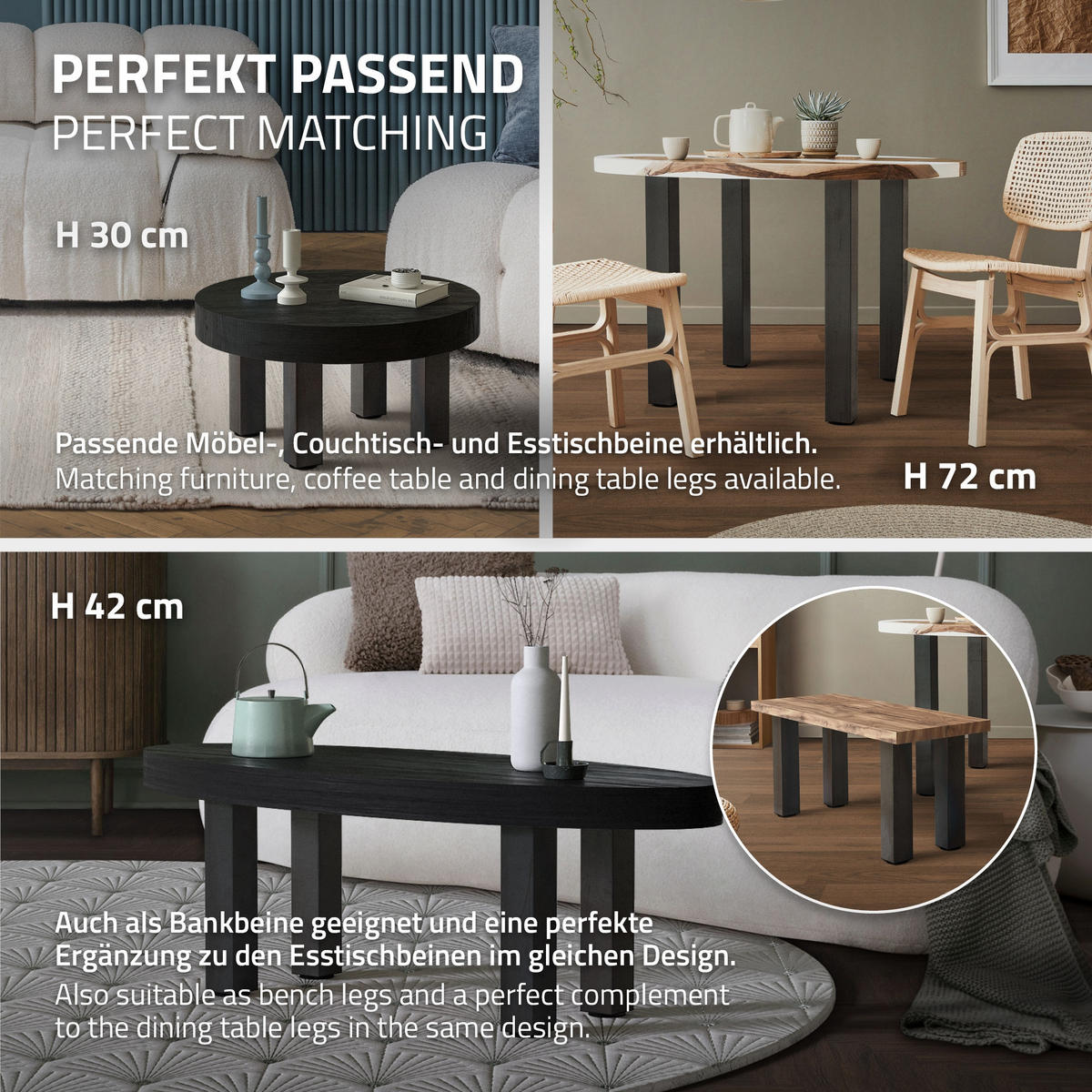 TISCHBEINE 4er Set I-Design H:90 cm Industrial 8x8 cm - Dunkelgrau, Metall (14/90/14cm) - ML-DESIGN