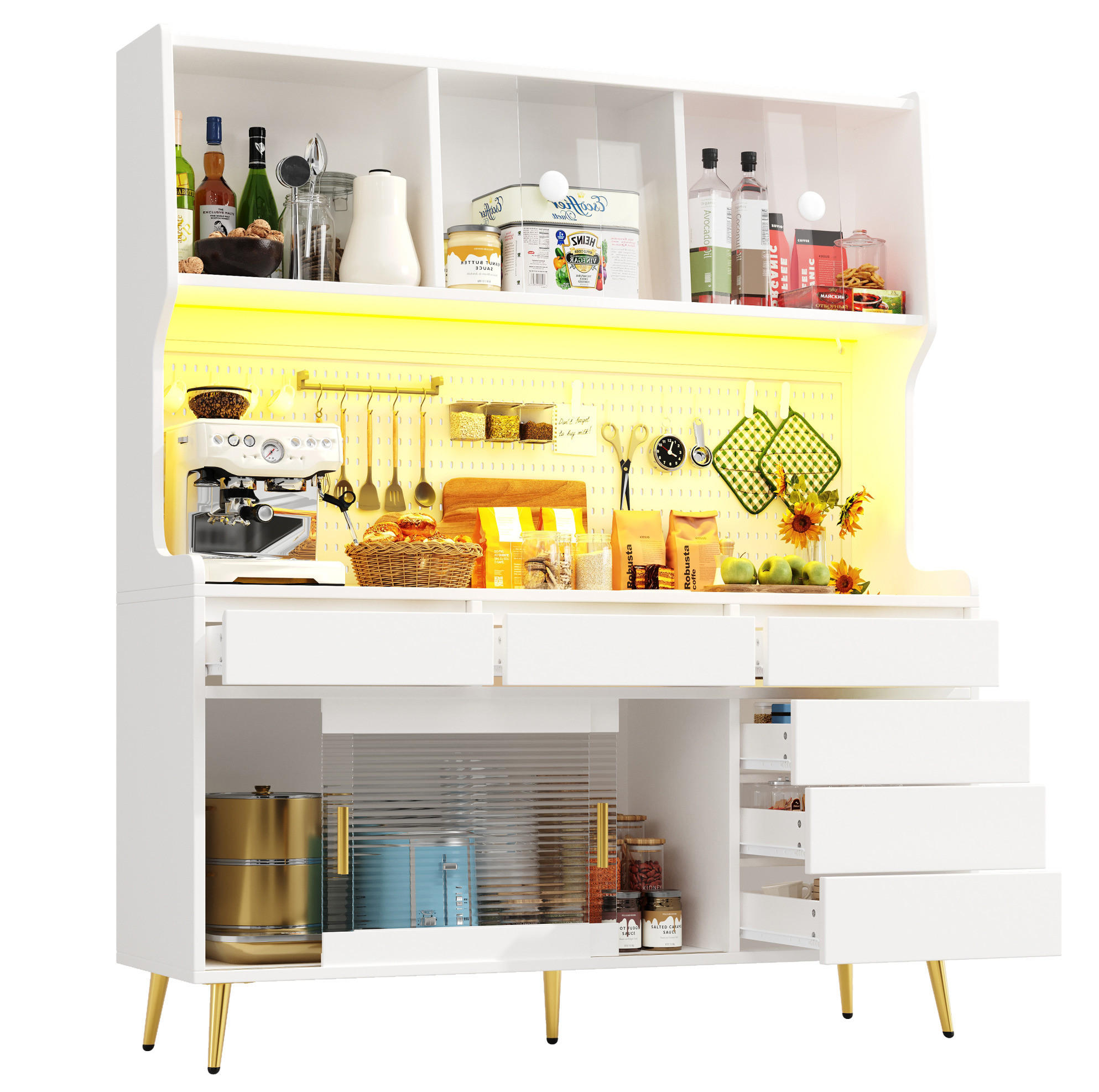 BUFFET 145/39/171 cm aus MDF und Glas mit LED-Beleuchtung und Schiebetüren Weiß - Weiß, Holzwerkstoff (145/171/39cm) - Modenvie