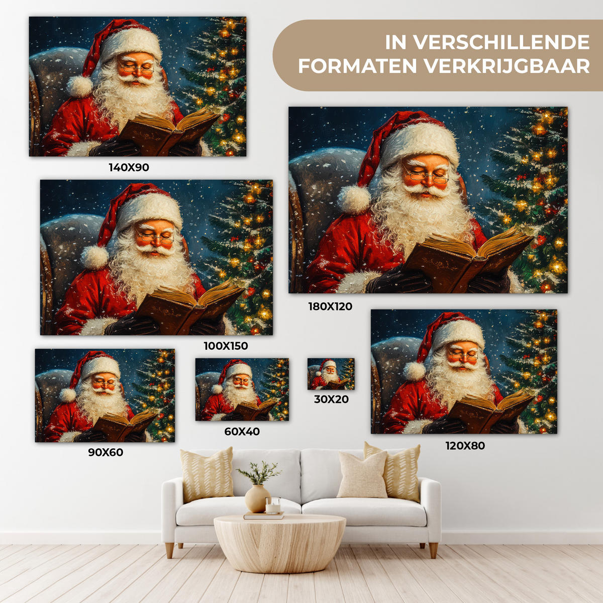 LEINWANDBILD Weihnachtsmann - Weihnachten - Winter - Weihnachtsbaum Wohnzimmer Groß 120x80 cm - Bordeaux, Textil (120/80cm) - MuchoWow