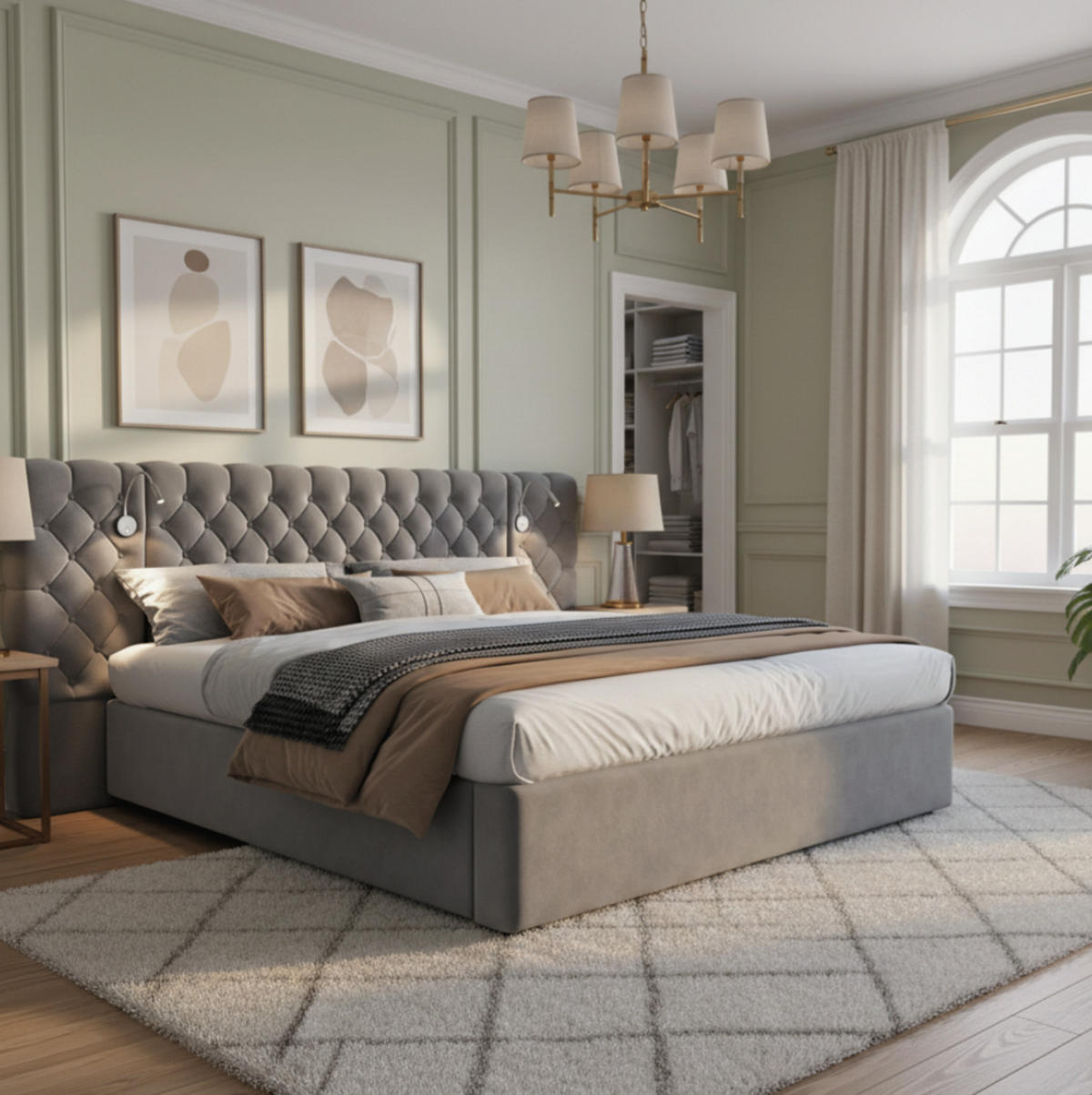 POLSTERBETT aus Samt 180x200 cm in Grau mit LED & Leselicht - Grau, Textil (180/200cm) - Modfu