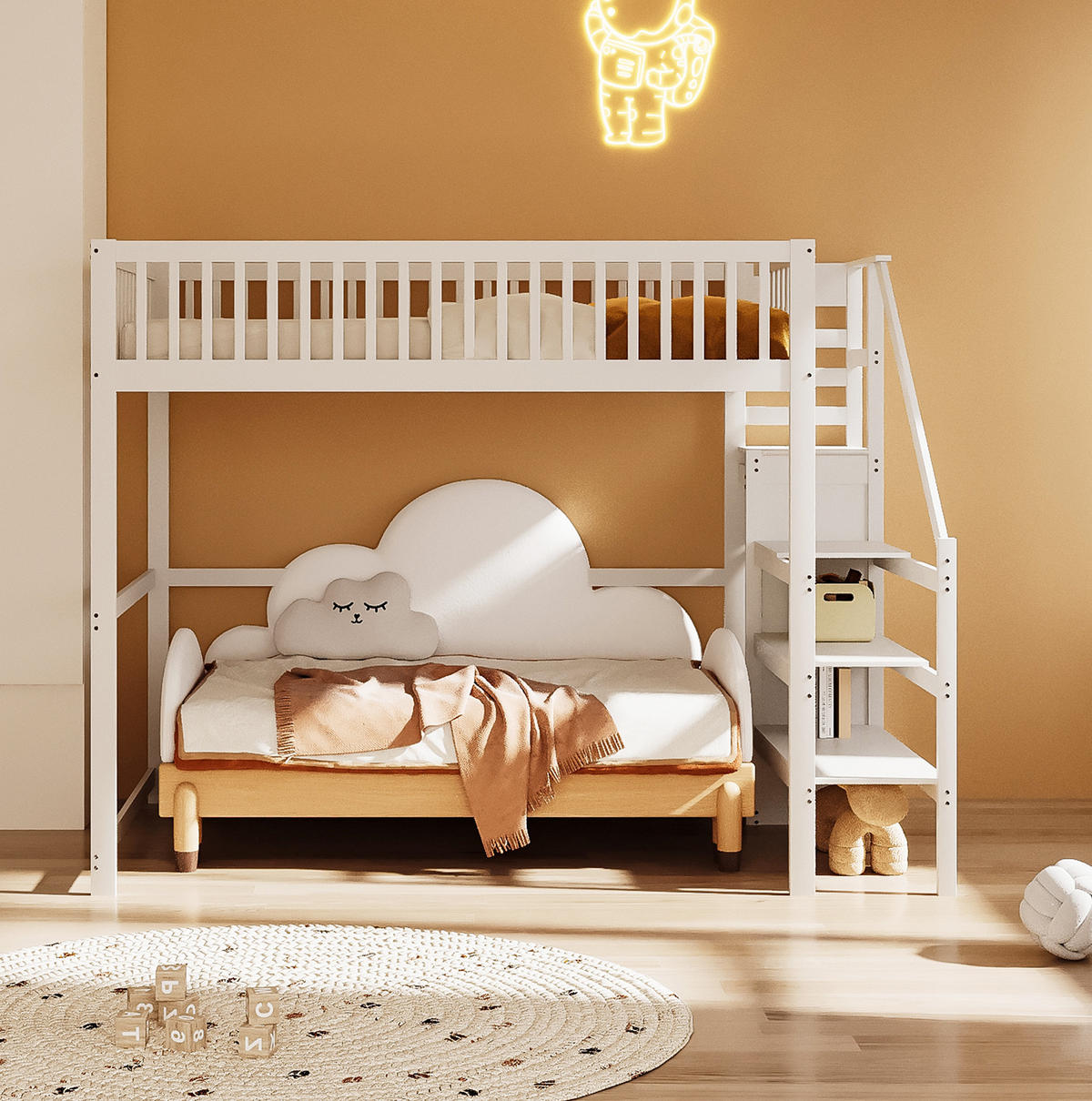 HOCHBETT 140/200 cm Weiß aus Holz mit Treppe, Kleiderschrank und Stauraum - Weiß, Holz (140/200cm) - Flora Grace