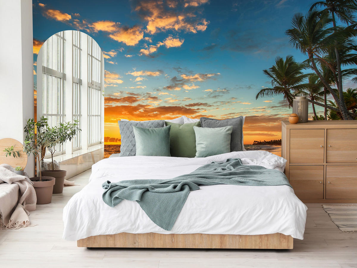 FOTOTAPETE Strand Meer Sonnenuntergang Natur 3D 100x70 - Gelb/Orange, Papier (100/70cm) - Muralo