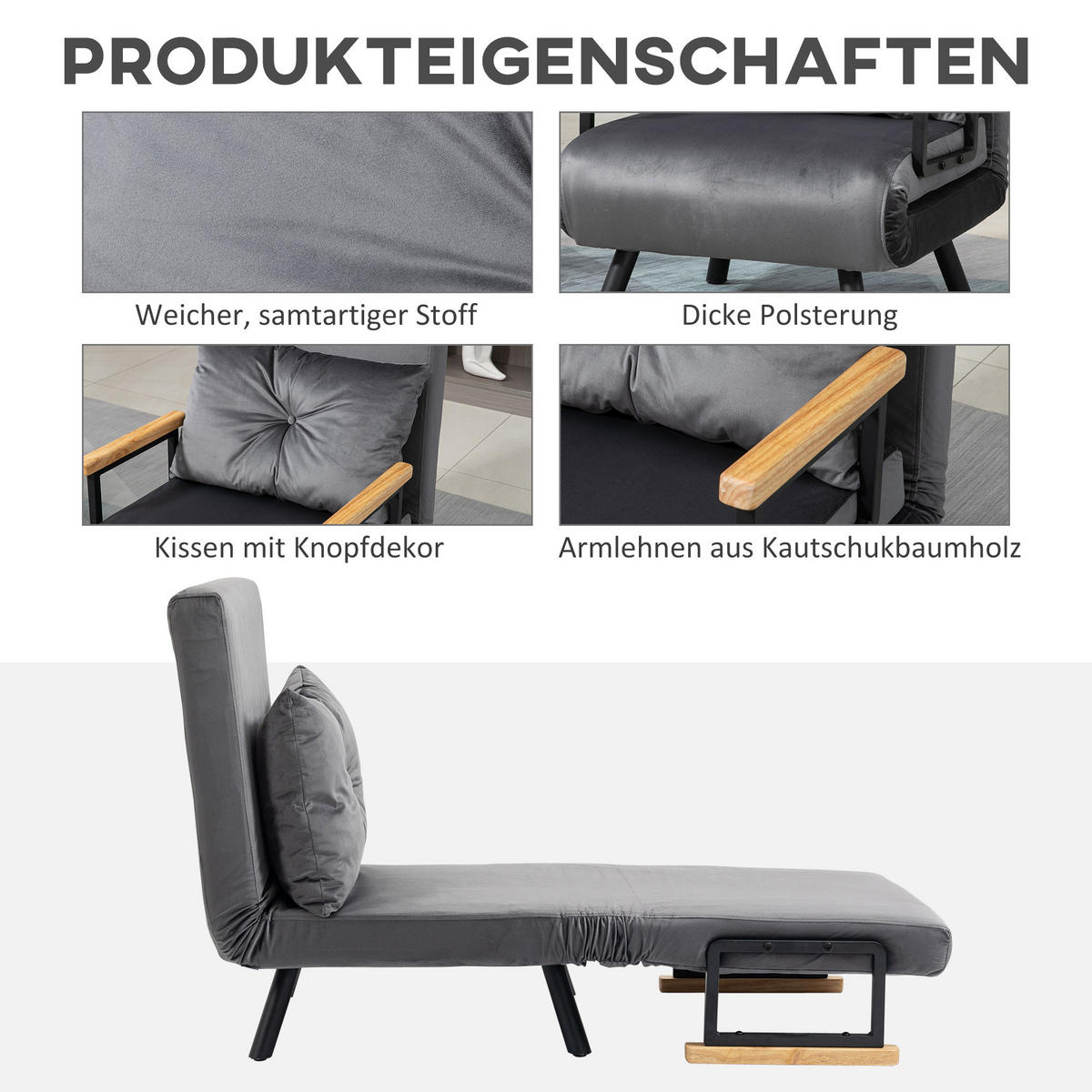 SCHLAFSESSEL, Einzelsofa mit Bettfunktion, Relaxsessel mit Rückenkissen Grau - Dunkelgrau/Schwarz, Holz/Textil (73/81/63cm) - HOMCOM