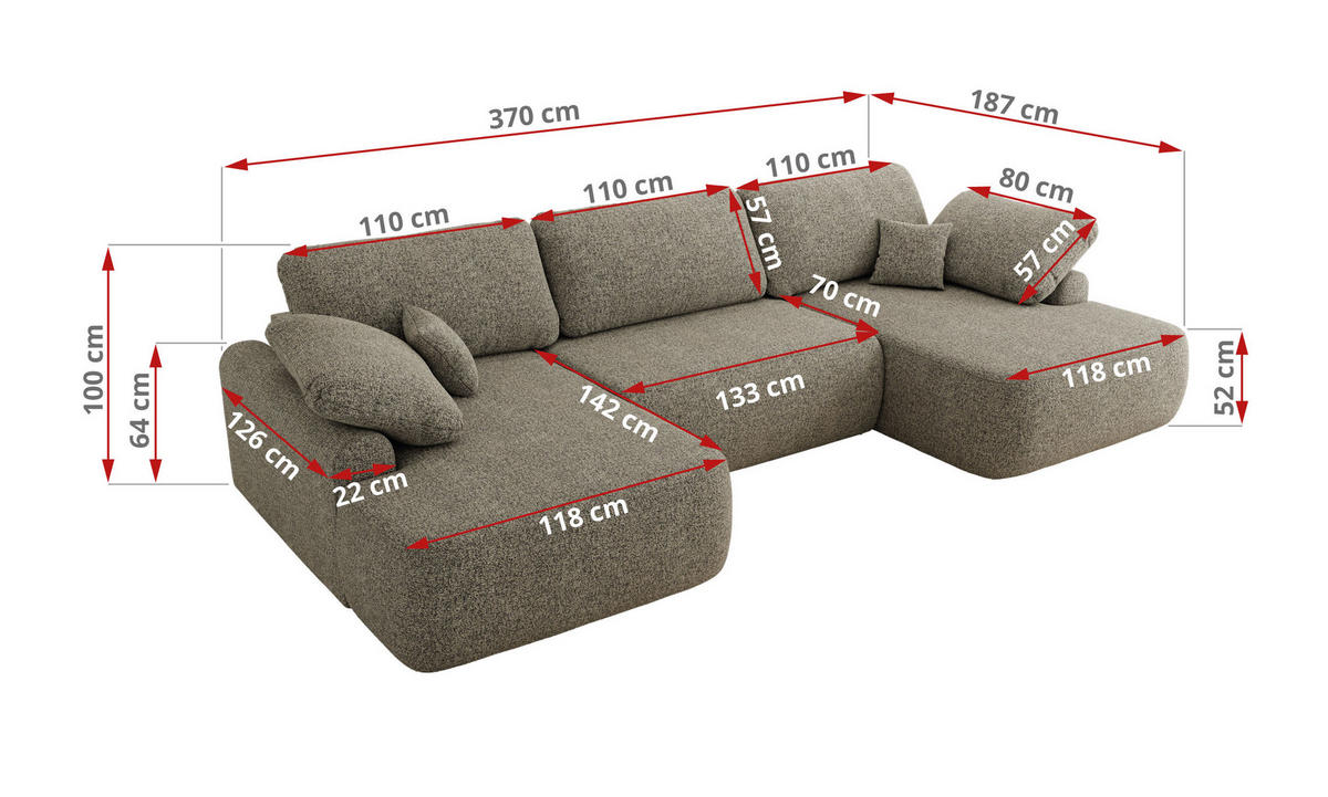 WOHNLANDSCHAFT CUBO U Grau Struktur - Schwarz/Grau, Kunststoff/Textil (370/100/187cm) - MKS