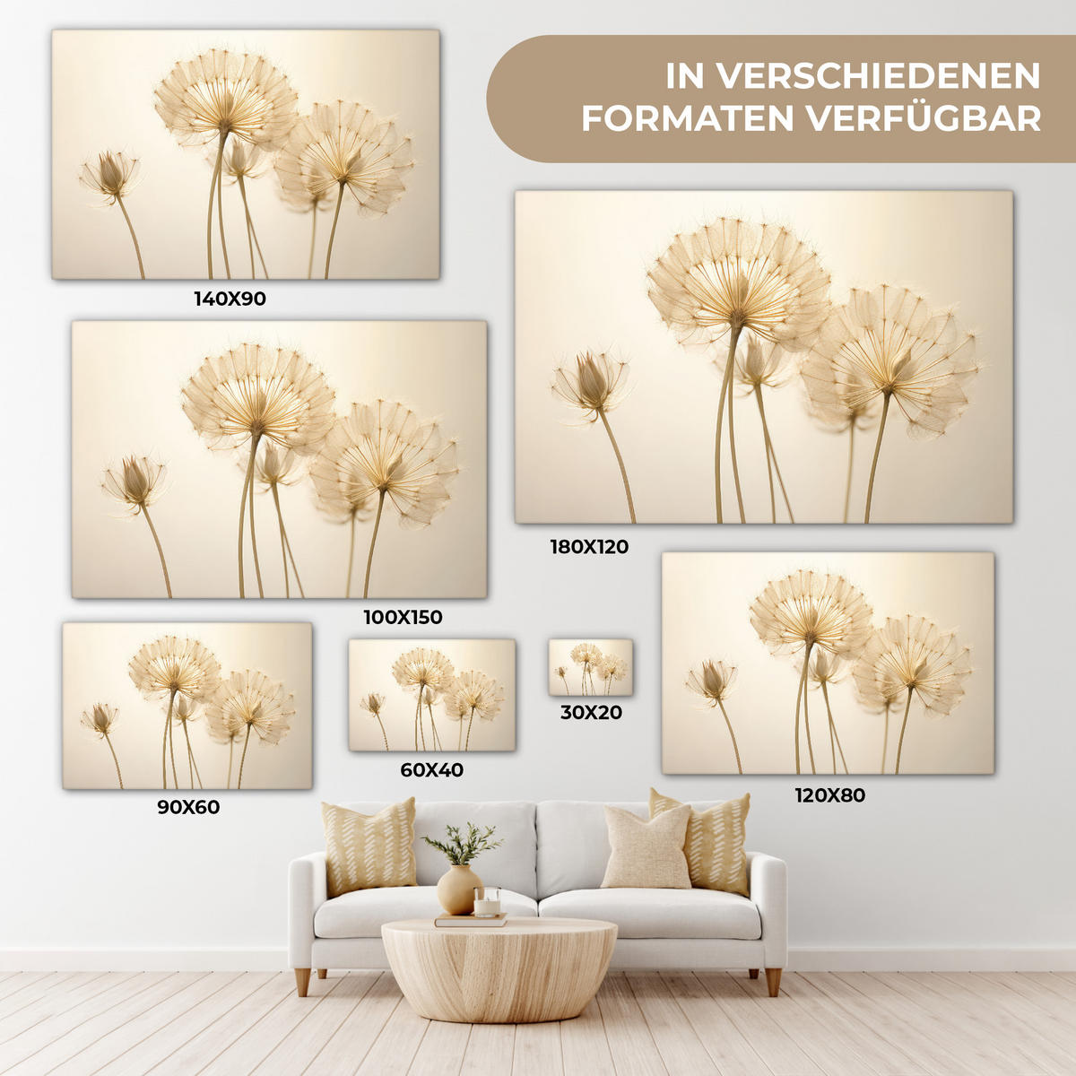LEINWANDBILD Sonnenlicht - Löwenzahn - Botanisch - Blumen Wohnzimmer 120x80 cm - Creme, Textil (120/80cm) - MuchoWow
