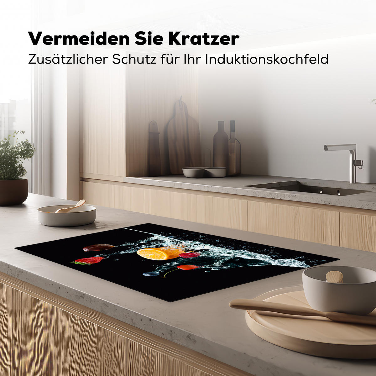 HERDABDECKPLATTE Wasser - Obst - Orange - Erdbeere - Kirsche - Schwarz 80x52 cm - Orange, Kunststoff (80.2/52.2/0.2cm) - MuchoWow