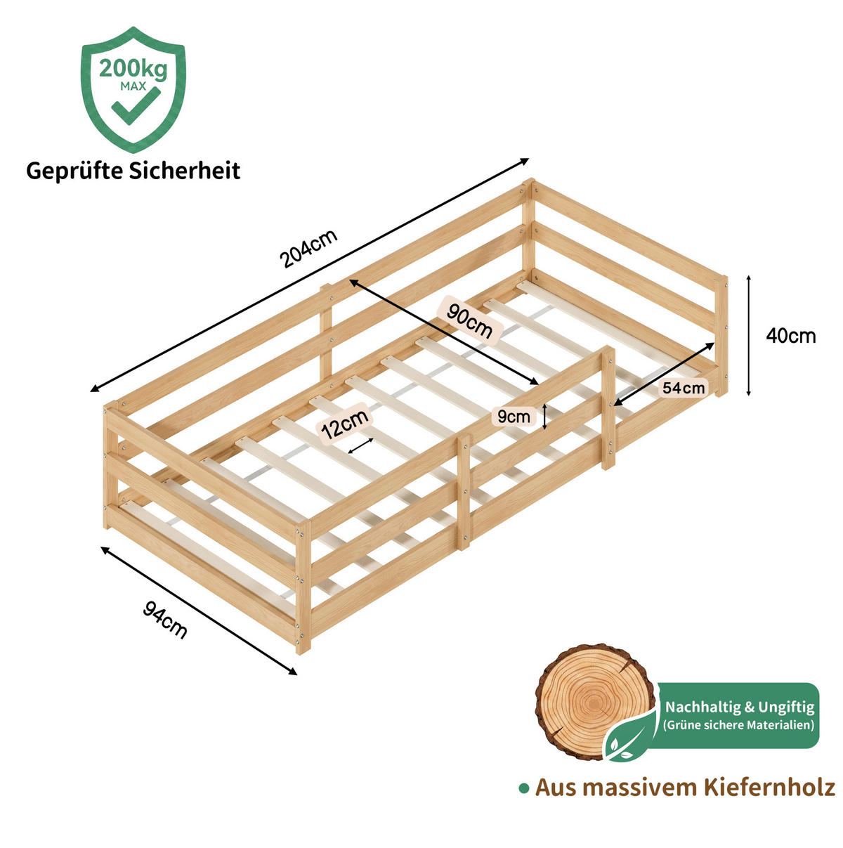 KINDERBETT 90/200 cm aus Kiefer massiv mit 4-seitiger Sicherheitsumrandung Natur - Naturfarben, Holz (90/200cm) - Modenvie