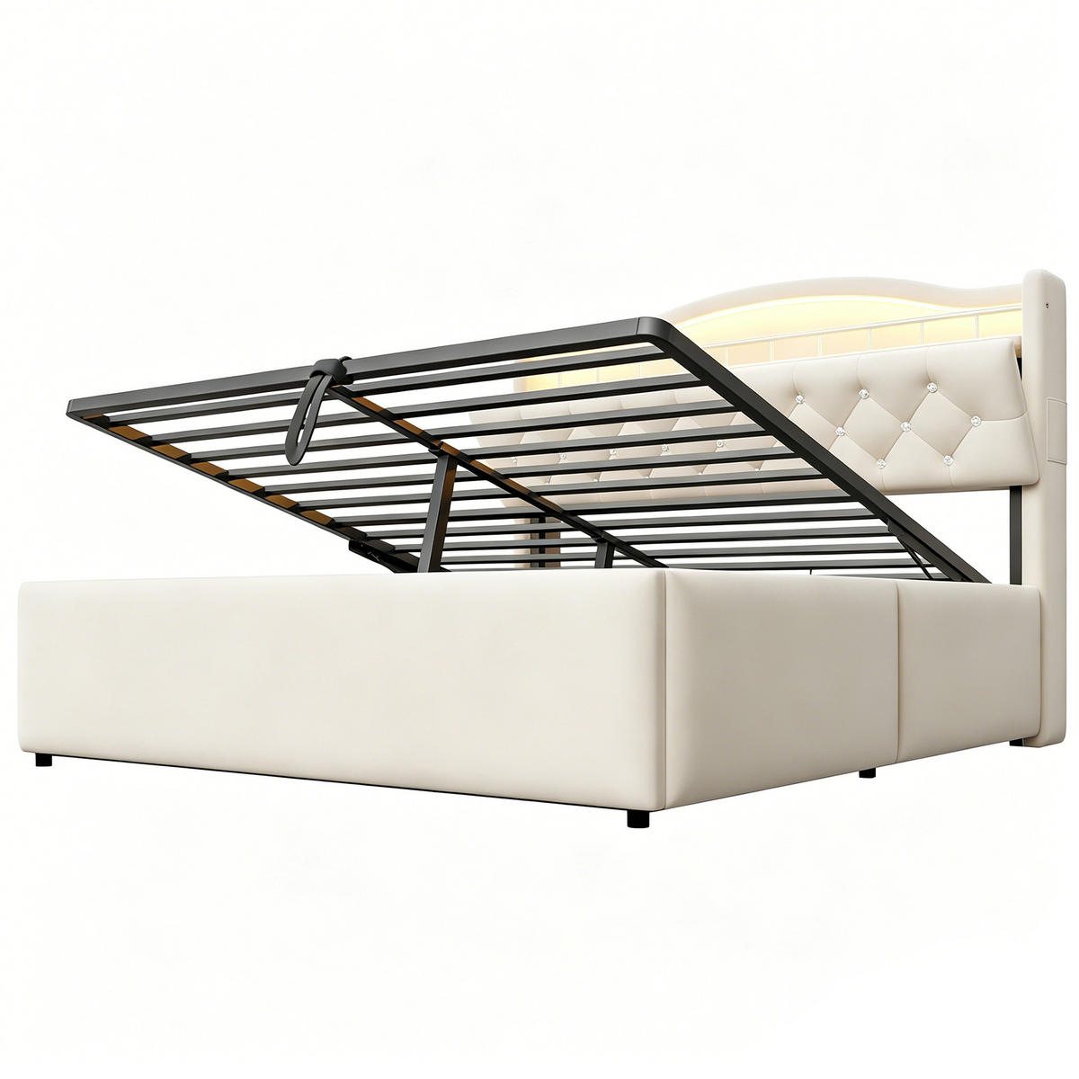 POLSTERBETT 140/200 cm in Beige Samt mit Bettkasten, LED, USB und Kopfteil-Ablage - Beige, Holzwerkstoff/Textil (140/200cm) - CHICFURN