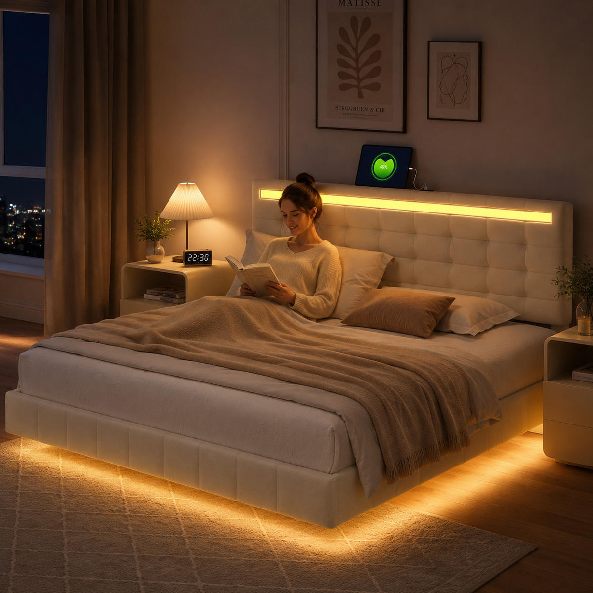 POLSTERBETT 140/200 cm mit LED, Bettgestell mit USB-C Anschluss, Doppelbett mit Polsterkopfteil und Lattenrost, Beige - Beige, Holz/Metall (140/200cm) - Joyfair