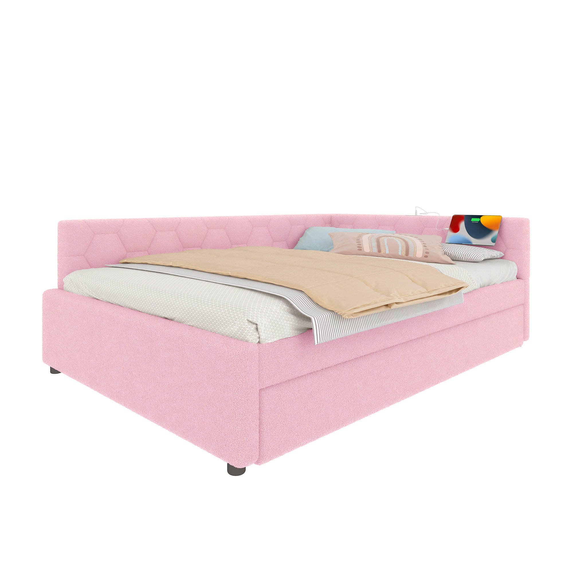 SCHLAFSOFA 140/200 cm & 89,5/188 cm in Rosa Samt mit Ausziehbett, USB, Type-C und Leselampe - Rosa, Holzwerkstoff/Textil (140/200cm) - WISHDOR