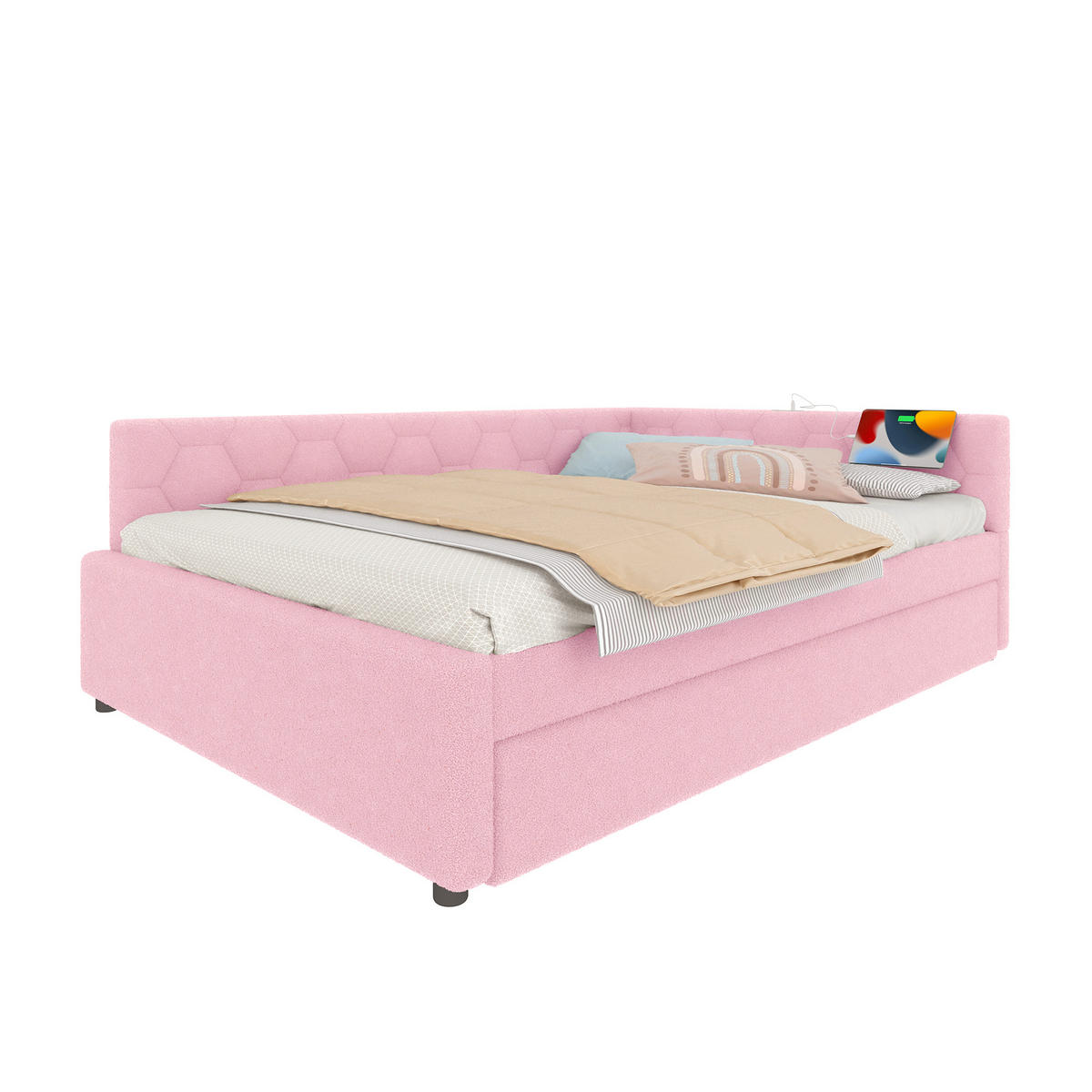 TAGESBETT 140/200 cm rosa mit Ausziehbett und USB-Anschluss - Rosa, Textil (140/200cm) - OKWISH