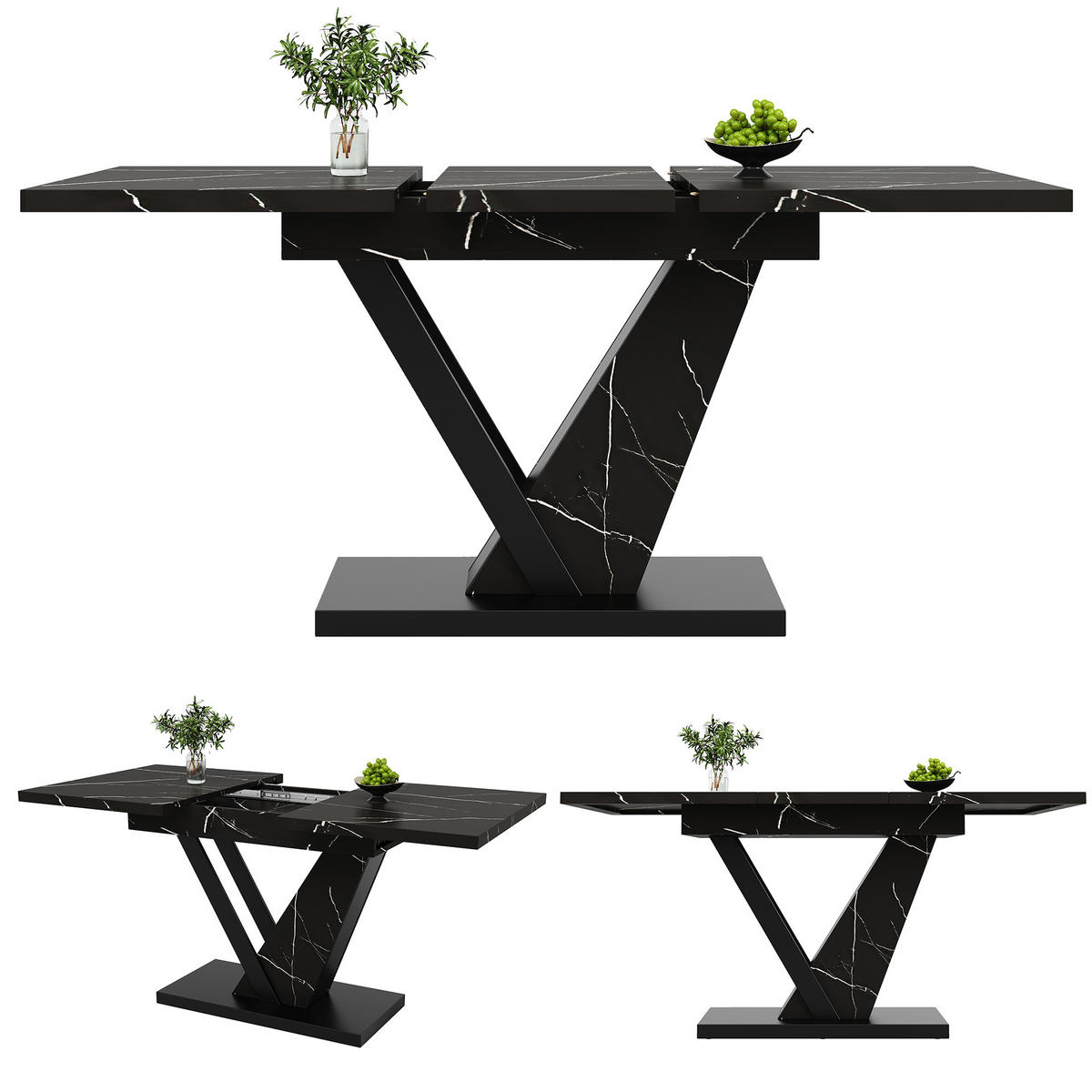 ESSTISCH 120-160x75x76 cm aus MDF mit schwarzem Marmormuster auf stabilen Metallbeinen ausziehbar - Schwarz, Holzwerkstoff (160/75/75.5cm) - Modfu