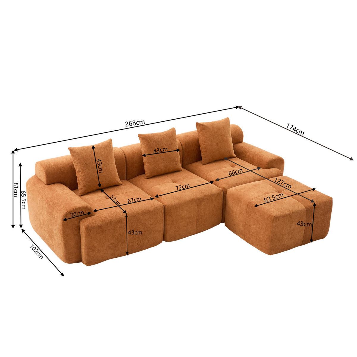 ECKSOFA 268/102/78 cm ohne Montage, modular mit Memory-Schaum und Kordstoffbezug, Orange - Orange, Textil (97/100cm) - Redom