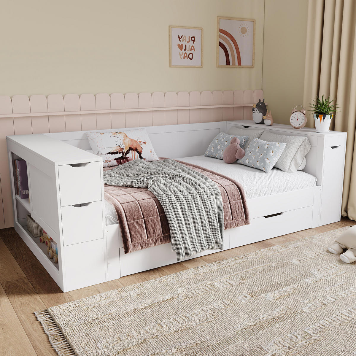 DETSKÁ posteľ 90/200 cm biela s úložným priestorom a nočným stolíkom z MDF - biela, kompozitné drevo (90/200cm) - OKWISH
