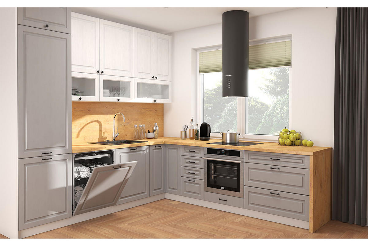 WINKELKÜCHE Elbing grey stone matt / weiß matt 14-teilig mit Vollauszug (HETTICH InnoTech Atira) - Weiß/Grau, Holzwerkstoff/Metall (270/243/280cm) - Feldmann-Wohnen