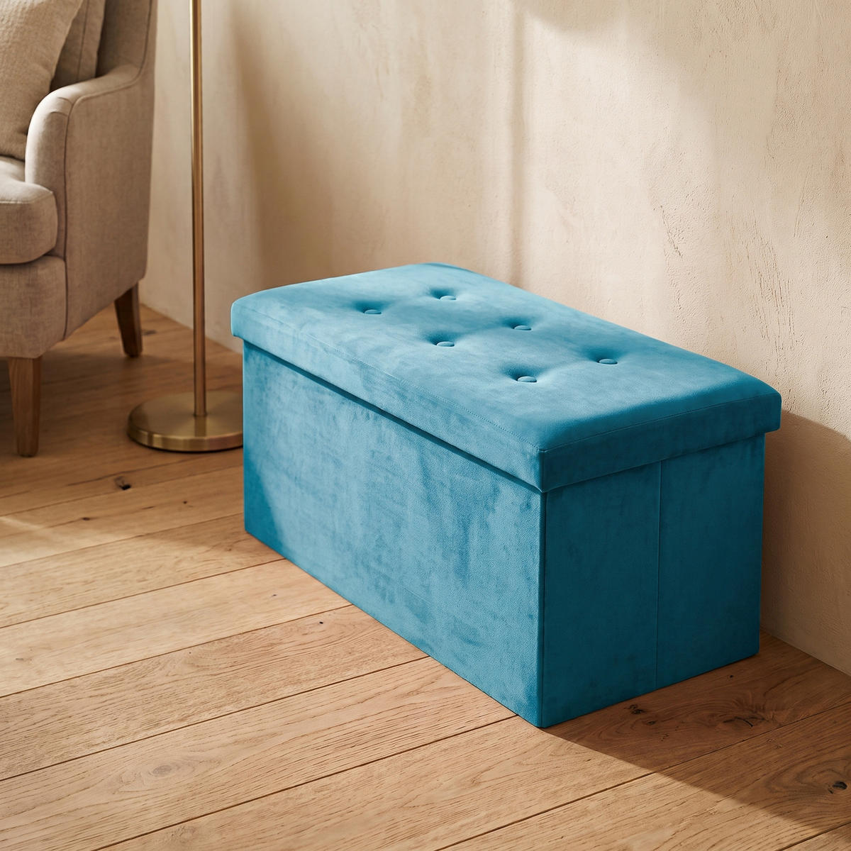 SAMTHOCKER mit Stauraum 76/38/38 cm - Blau, Textil (38/38/76cm) - SCENA LIVING