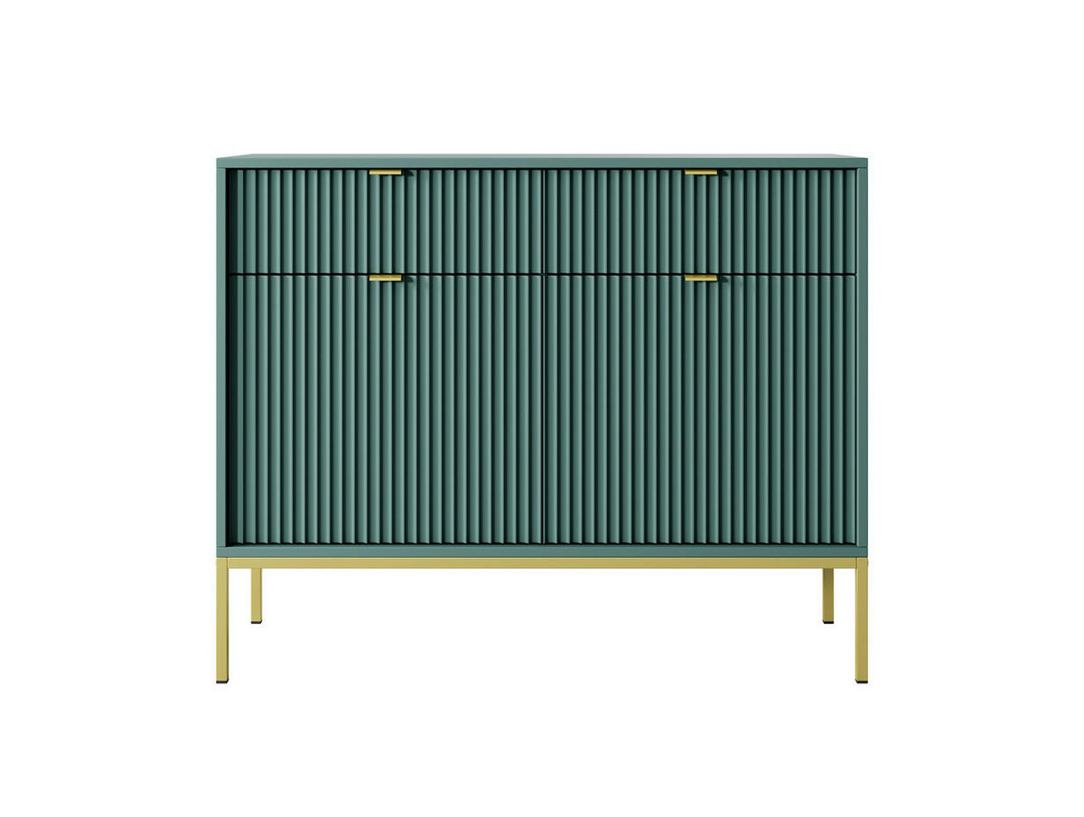 KOMMODE Kioto 104 cm in Grün mit goldenen Beinen und geriffelten Fronten - Goldfarben/Grün, Holzwerkstoff/Metall (104/83/39cm) - Ravio
