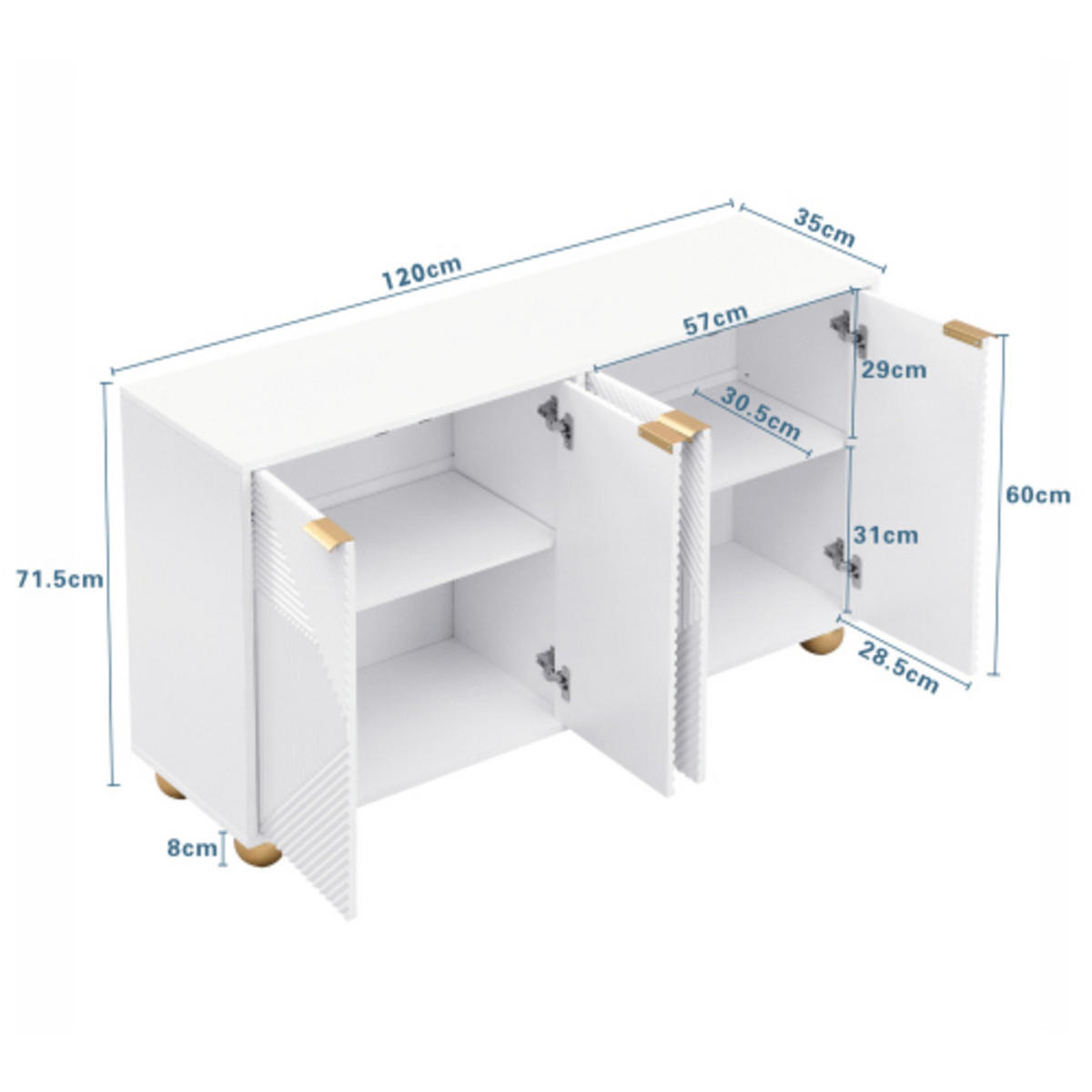 SIDEBOARD mit gravierten Türen und Golddekorelementen weiß 120×35×71,5 cm aus MDF - Weiß, Holzwerkstoff (120/71.5/35cm) - Luhomfu