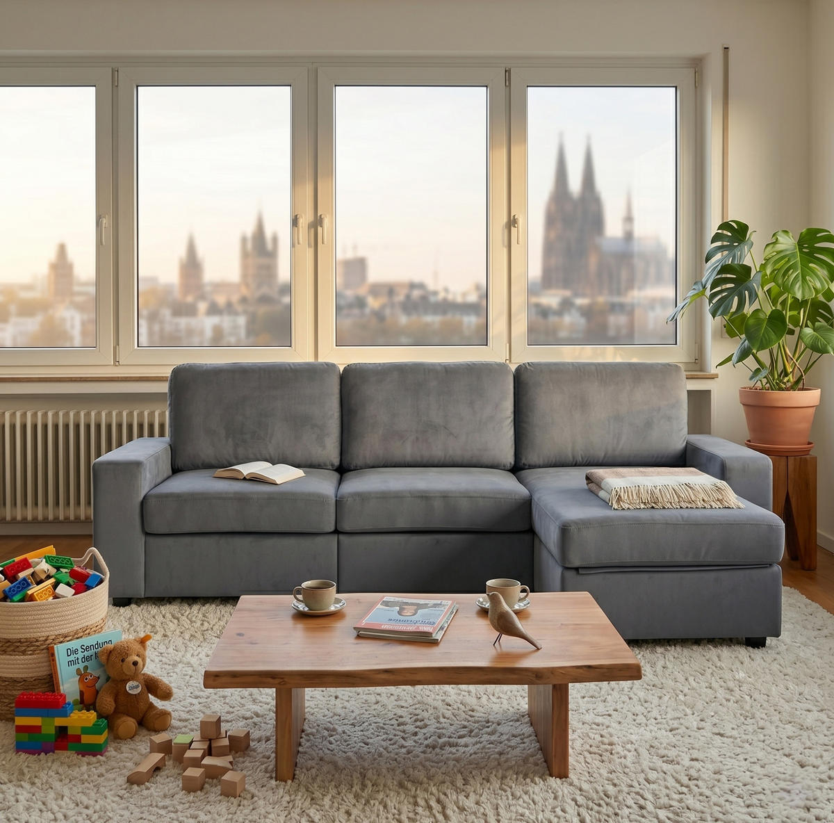 ECKSOFA 245,5/150,5/86,5 cm grau aus Kurzflorstoff mit 4 Staufächern - Grau, Kunststoff (245.5/150.5cm) - OKWISH