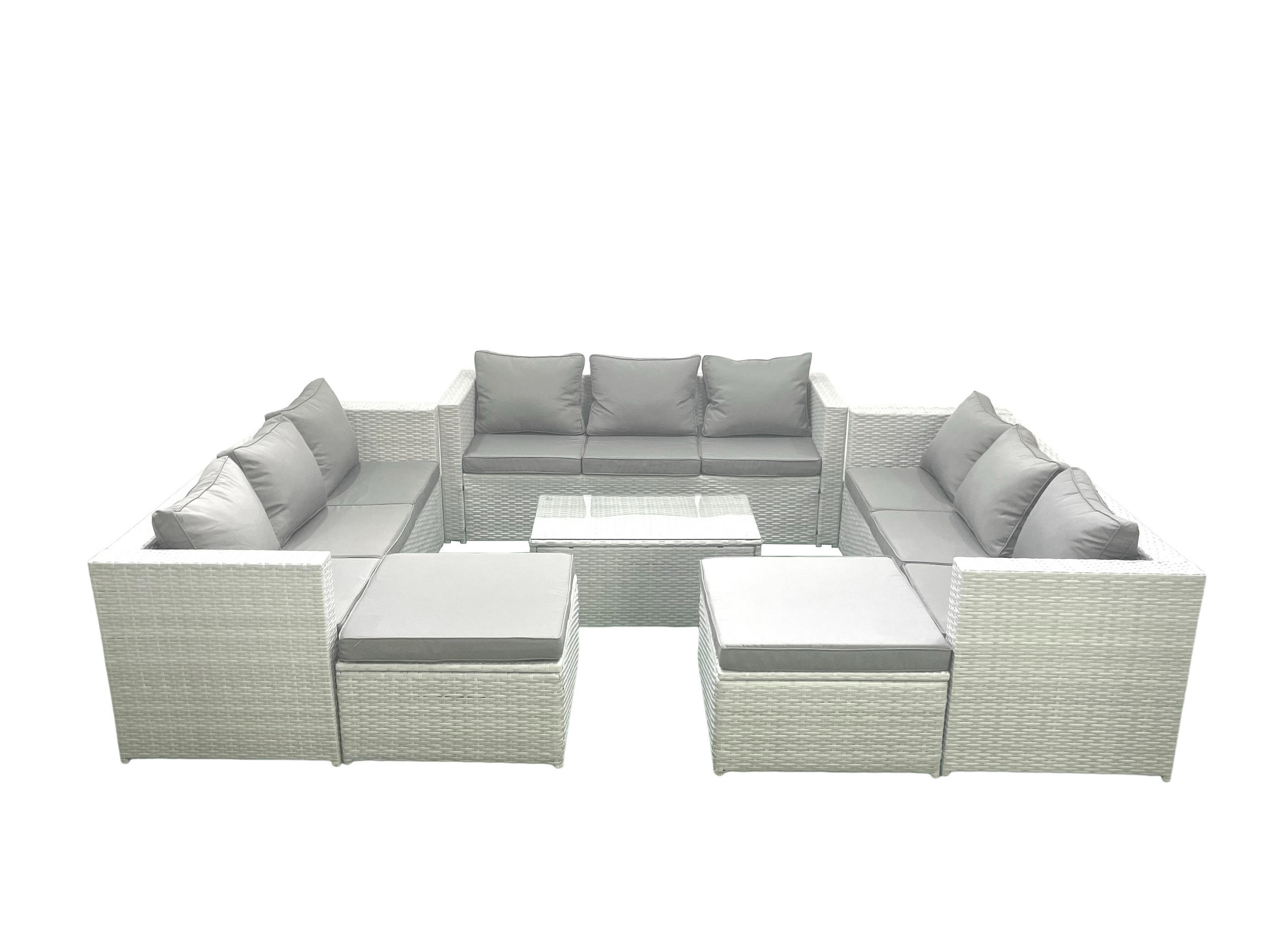 GARTENSET mit 3-SITZER SOFA,COUCHTISCH Polyrattan Hellgrau-Mix 11-Sitzer - Hellgrau/Grau, Glas/Kunststoff - Fimous