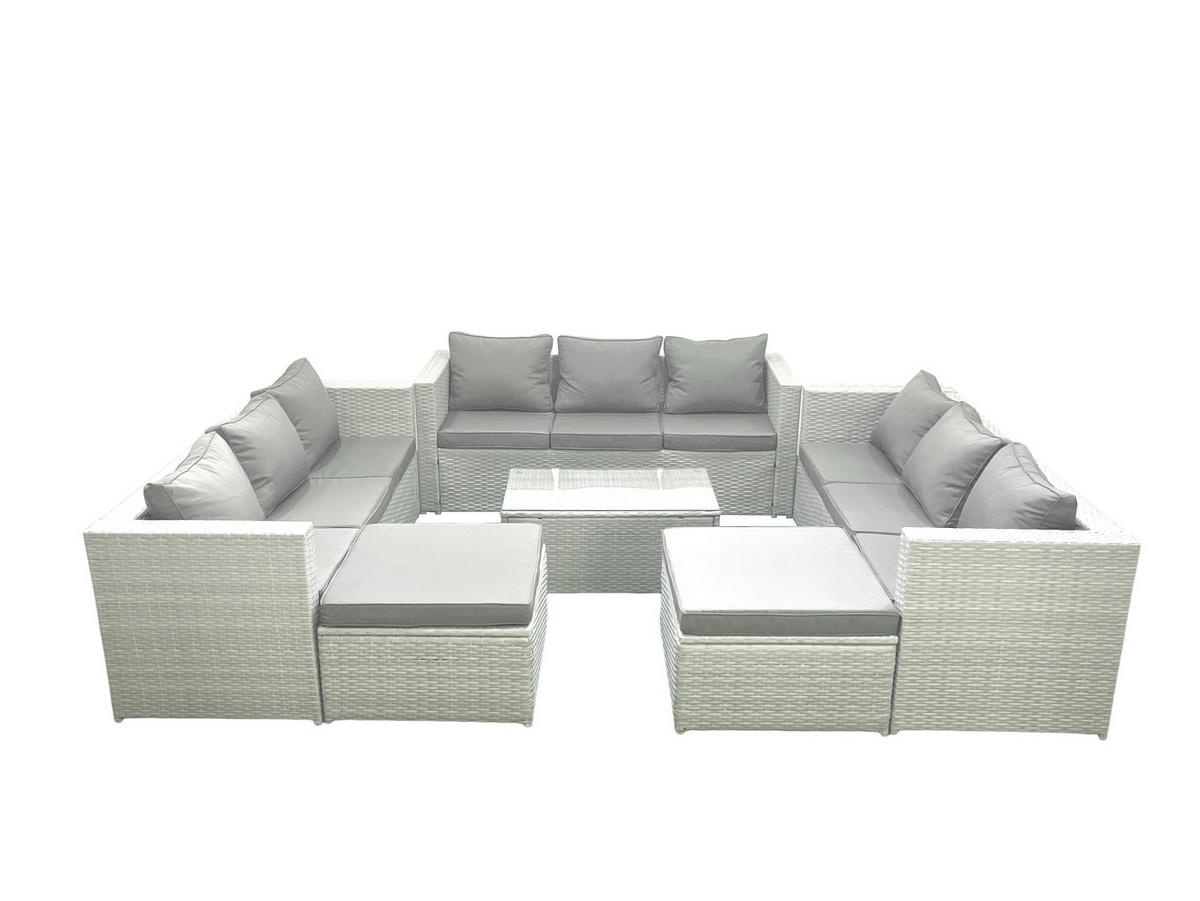 GARTENSET mit 3-SITZER SOFA,COUCHTISCH Polyrattan Hellgrau-Mix 11-Sitzer - Hellgrau/Grau, Glas/Kunststoff - Fimous
