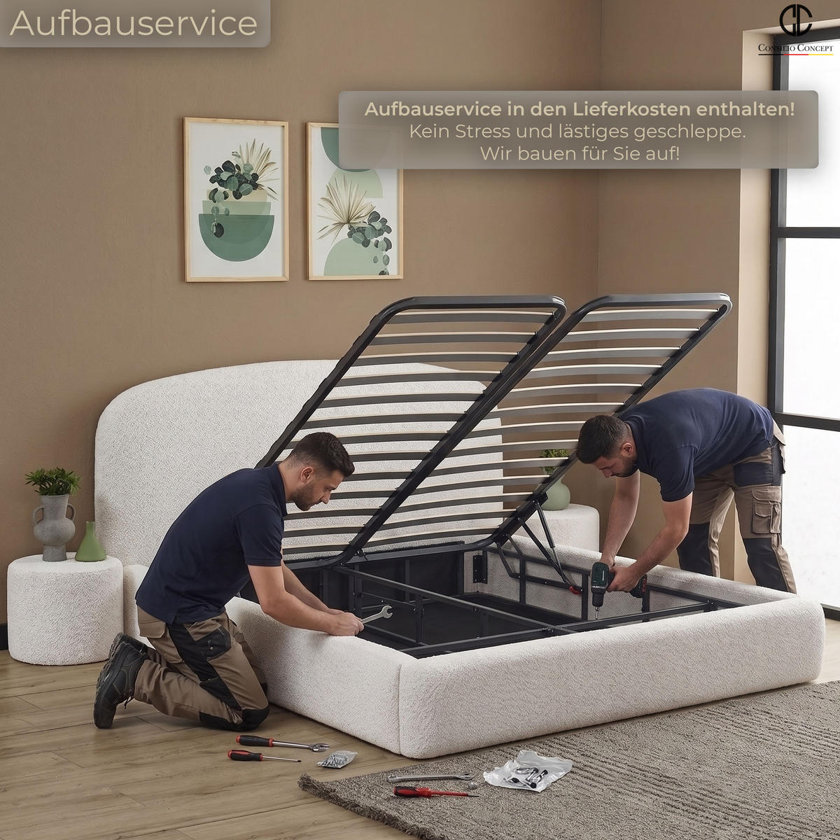 BOXSPRINGBETT MIT BETTKASTEN EVORA 180/200 cm, Ivory, Bettkasten, Matratze, Topper integriert, H3 mittel - Creme/Schwarz, Holz/Kunststoff (180/200cm) - Consilio Concept