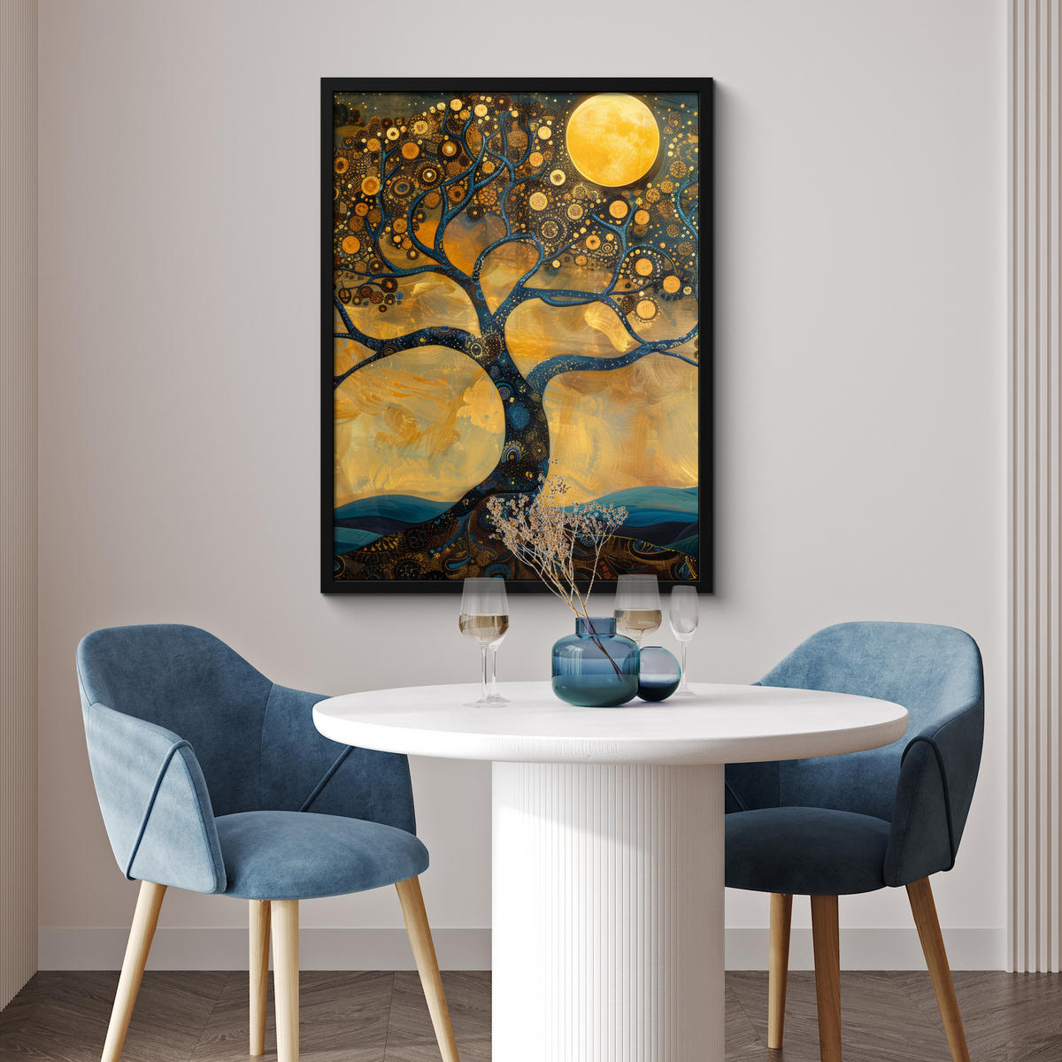 GERAHMTES BILD Baum - Mond - Blumen - Gold - Kunst 60x80 cm - Orange, Papier (60/80cm) - MuchoWow