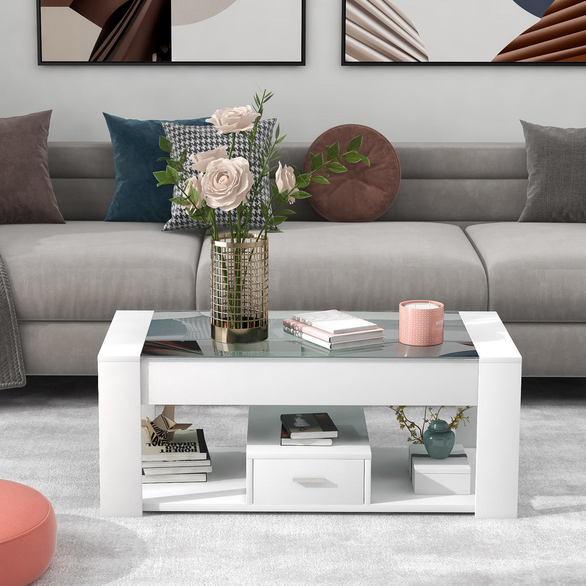 COUCHTISCH, weiße Glasplatte, Spanplatte, 2 Schubladen & offenes Fach, 100/50/40 cm,weiß - Weiß, Holzwerkstoff (100/50/40cm) - Redom