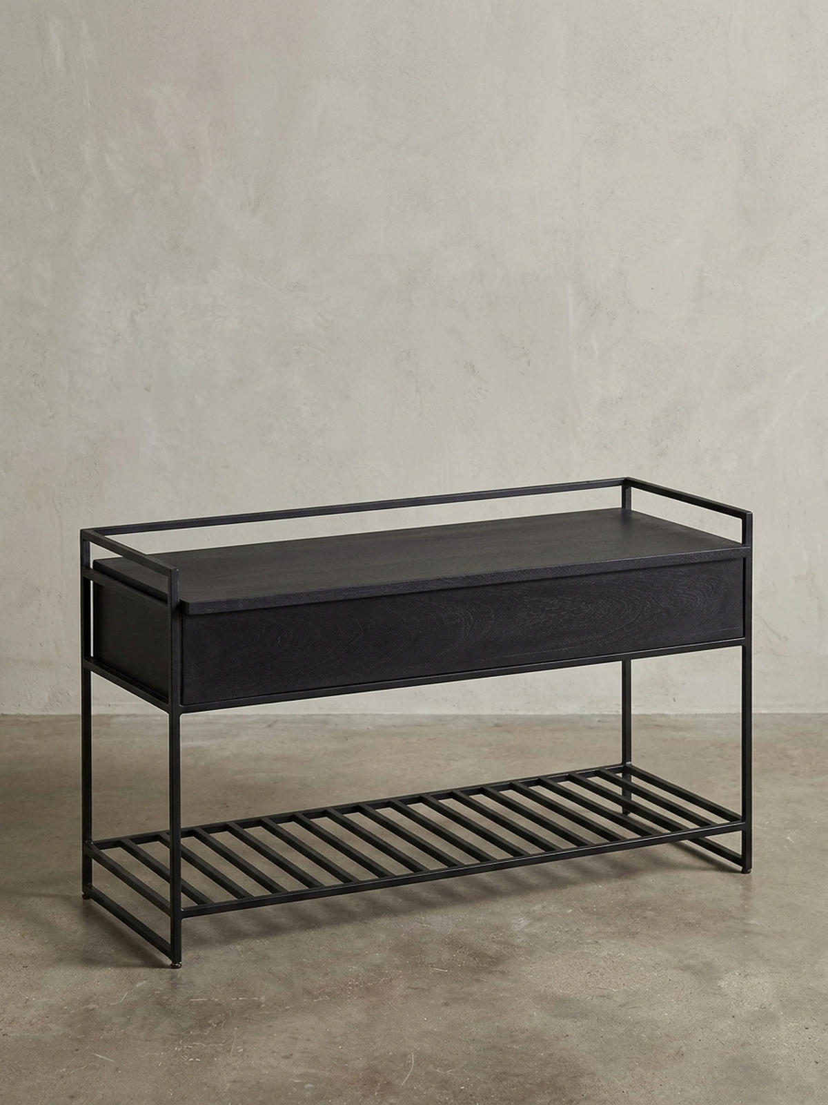 FLURBANK Holz Metall Sitzfläche hochklappbar, Schwarz 90x38x52 cm - Schwarz, Holz/Metall (90/52/38cm) - KADIMA DESIGN