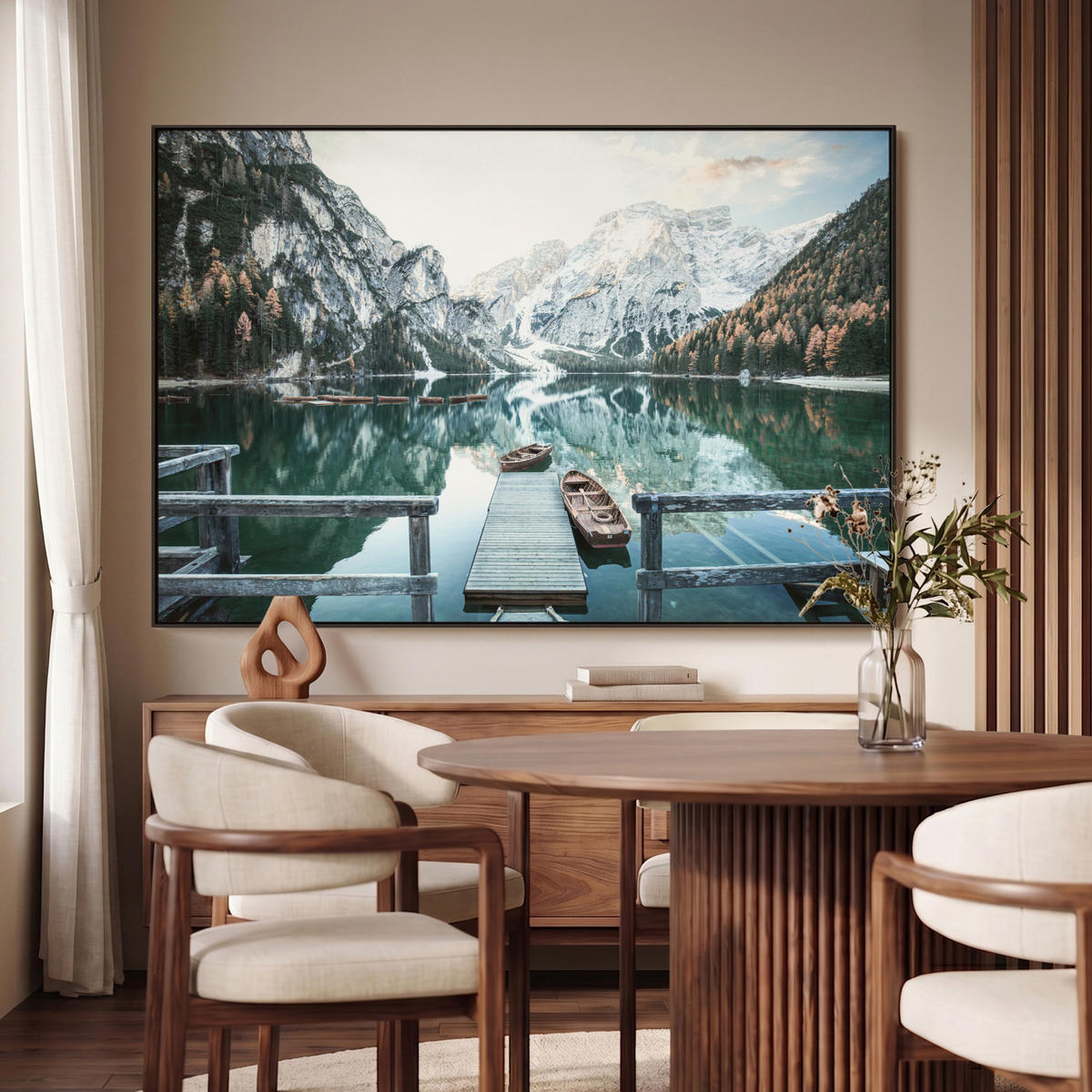 LEINWAND Bilder mit Rahmen - Natur - Berge - Schnee - Wald - Boot - 140x90 - Hellgrün, Textil (140/90cm) - MuchoWow