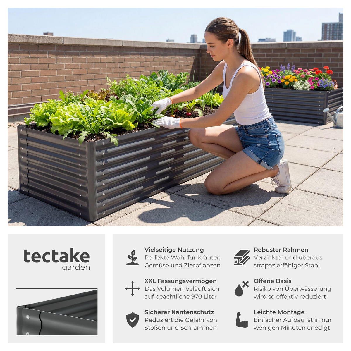 HOCHBEET Blomma, mit offenem Boden und abgerundeten Kanten, anthrazit - Anthrazit, Metall (80/62/200cm) - tectake
