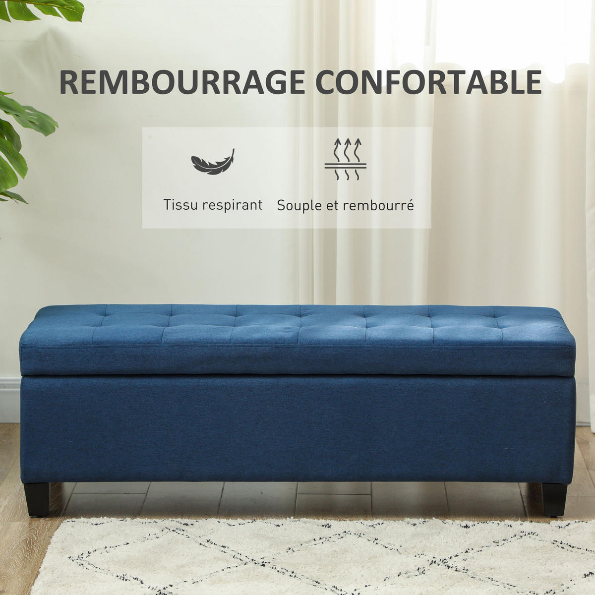 TRUHENBANK DE-16424 mit großem Stauraum und Leinenbezug Blau - Blau, Textil (125/41.5/49cm) - ComfortXL