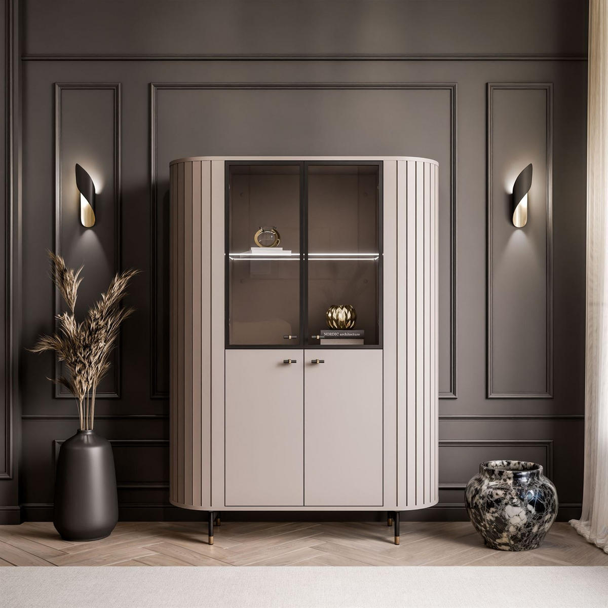 VITRINE ELODIE mit LED-Beleuchtung Kaschmir - Kaschmir, Holzwerkstoff (112/155/40cm) - Lookway