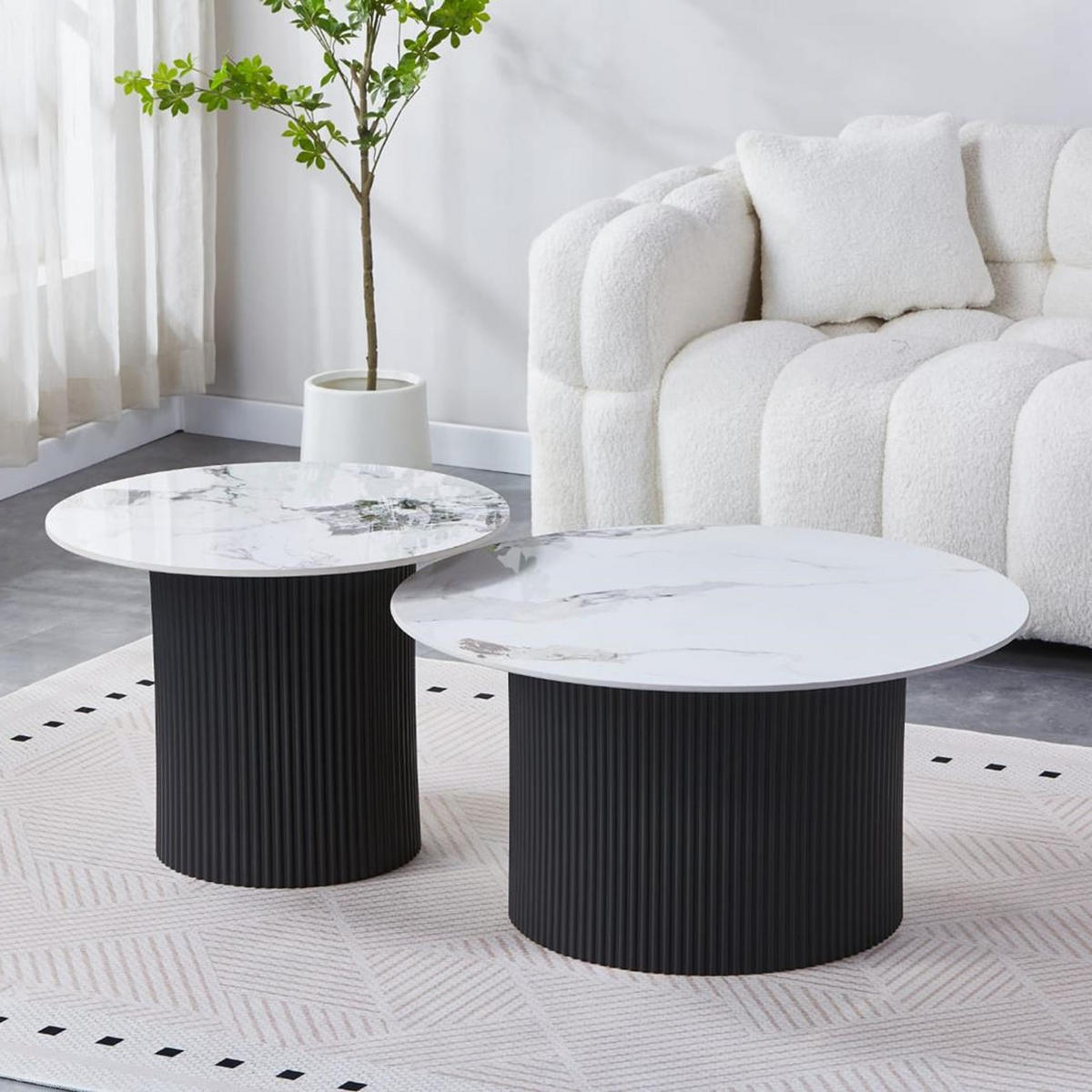 COUCHTISCH-SET Keramik rund 2-tlg. Trommelgestell Schwarz 80 & 60 cm - Schwarz/Weiß, Keramik/Metall (80/80/46cm) - HOOZ