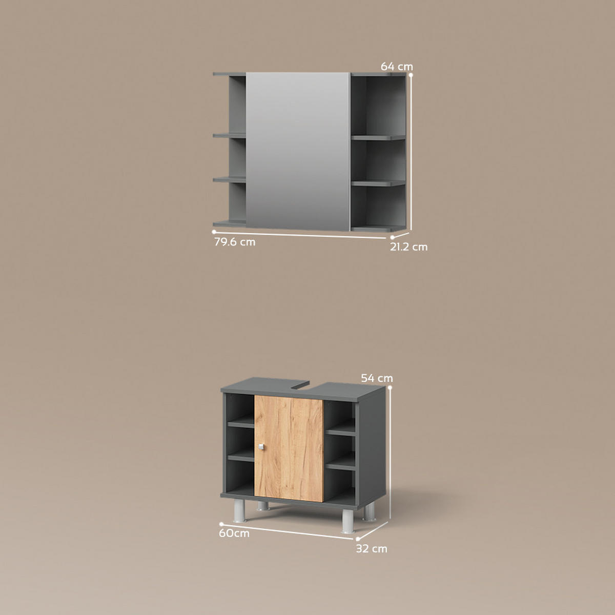 BADMÖBEL-SET Fucino Anthrazit/Goldkraft Eiche 2 Teile - Anthrazit/Eiche Wotan, Holzwerkstoff (60/54/32cm) - Livinity®